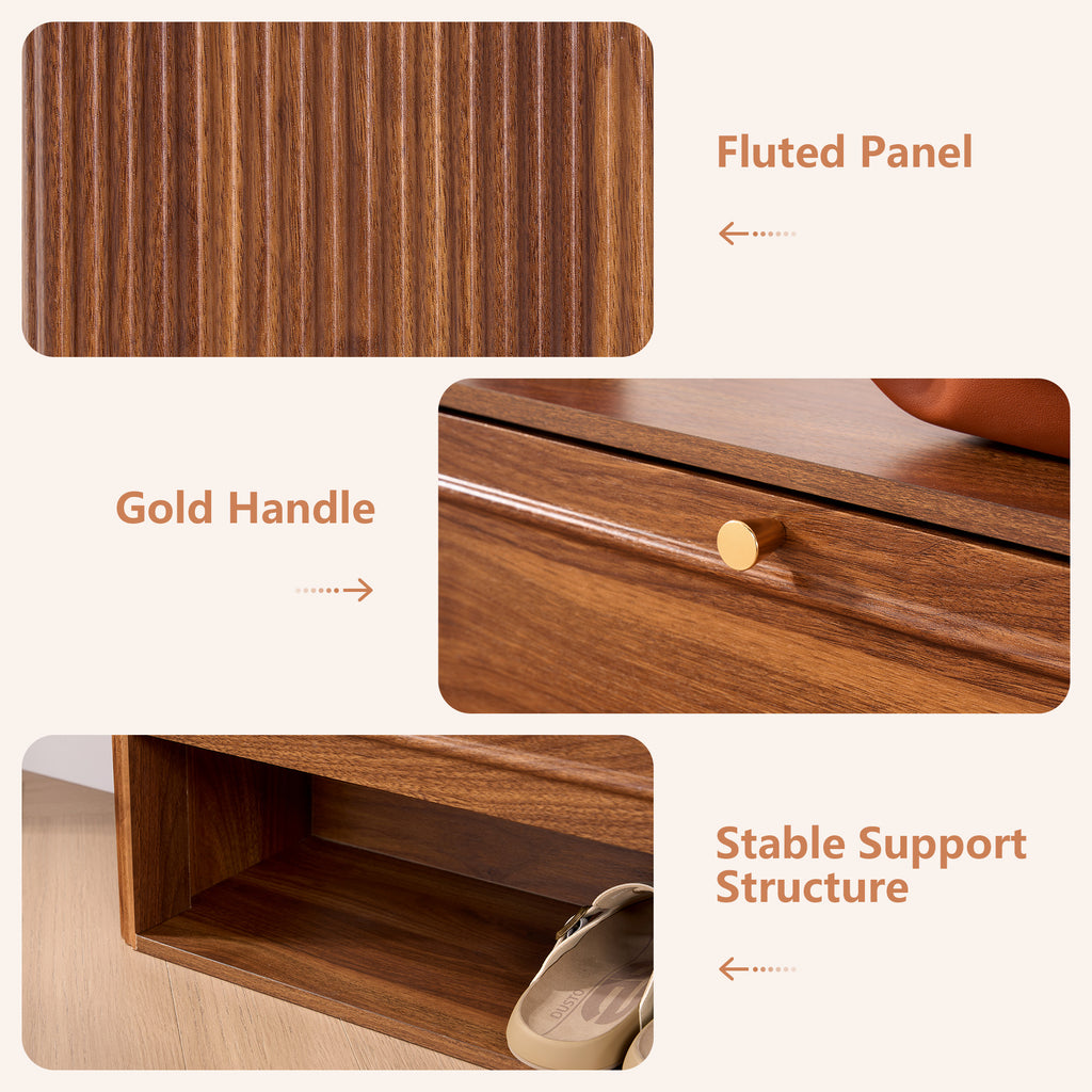 YOCWO Fluted Shoe Storage Cabinet with 2 Flip Drawers, Mid Century Wood Shoe Rack Organizer with Open Shelf, Freestanding Narrow Shoe Cabinet for Entryway Hallway