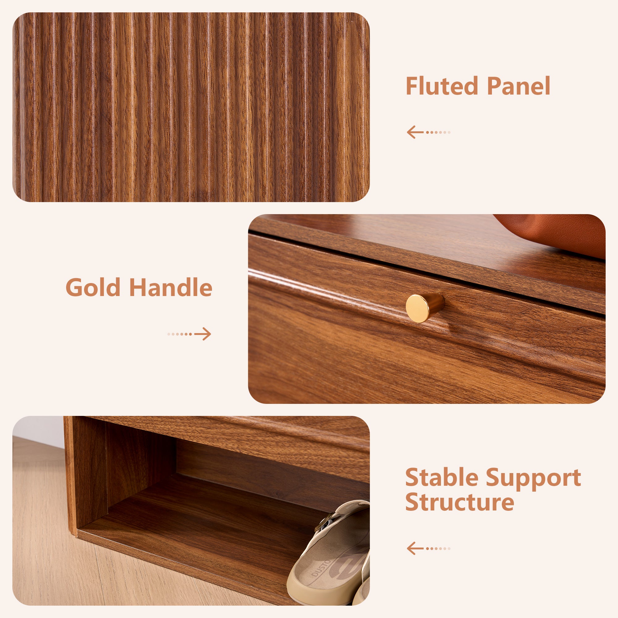 YOCWO Fluted Shoe Storage Cabinet with 2 Flip Drawers, Mid Century Wood Shoe Rack Organizer with Open Shelf, Freestanding Narrow Shoe Cabinet for Entryway Hallway