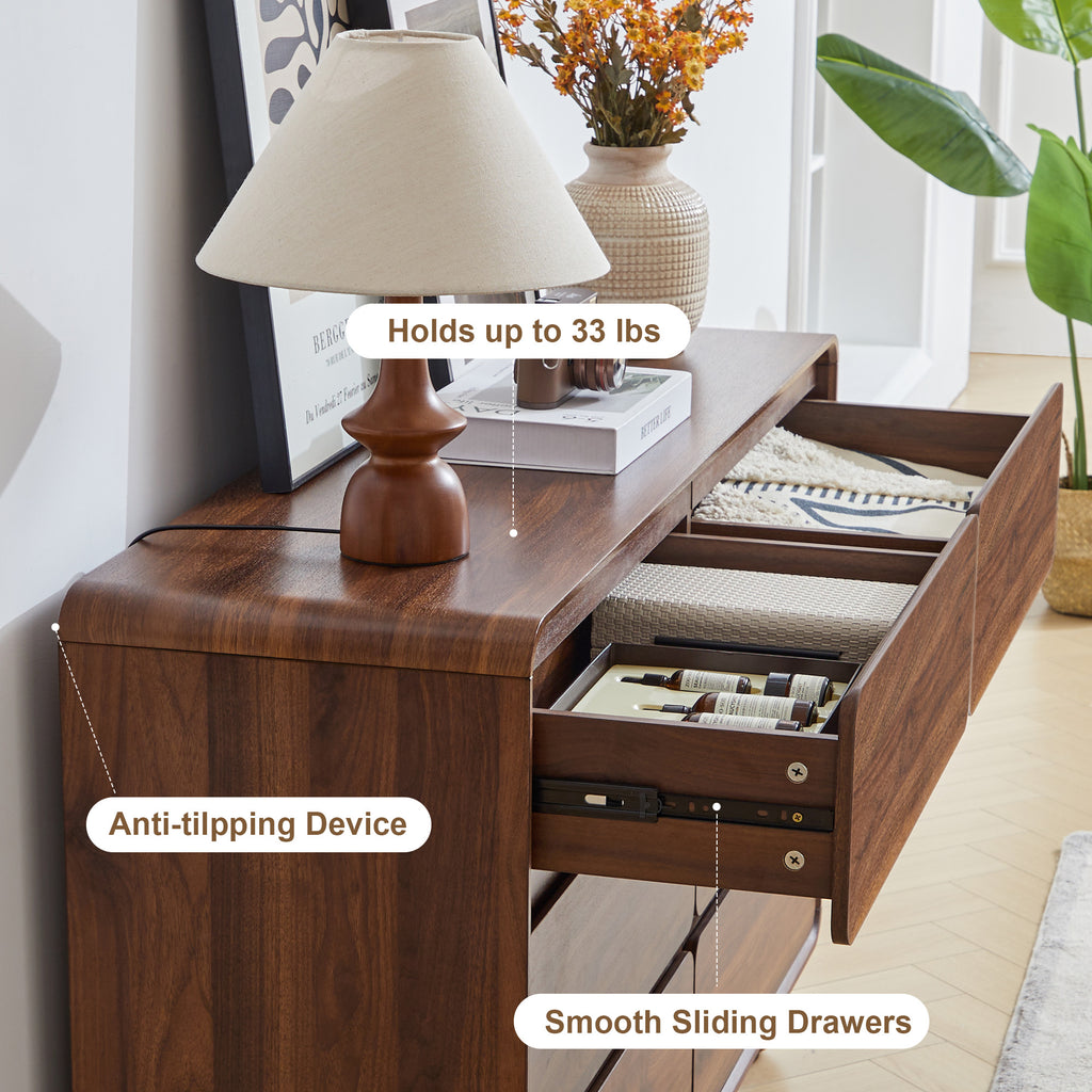 YOCWO 6 Drawer Dresser for Bedroom, Mid Century Chest of Drawers with Arc Edge and Round Leg, Wood Storage Large Dresser Organizer for Bedroom Living Room Hallway Closet