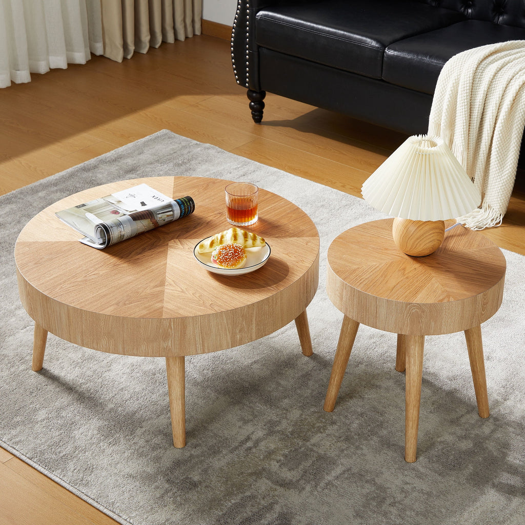 2-Piece Modern Round Coffee Table Set for Living Room, Faux Wood End Table