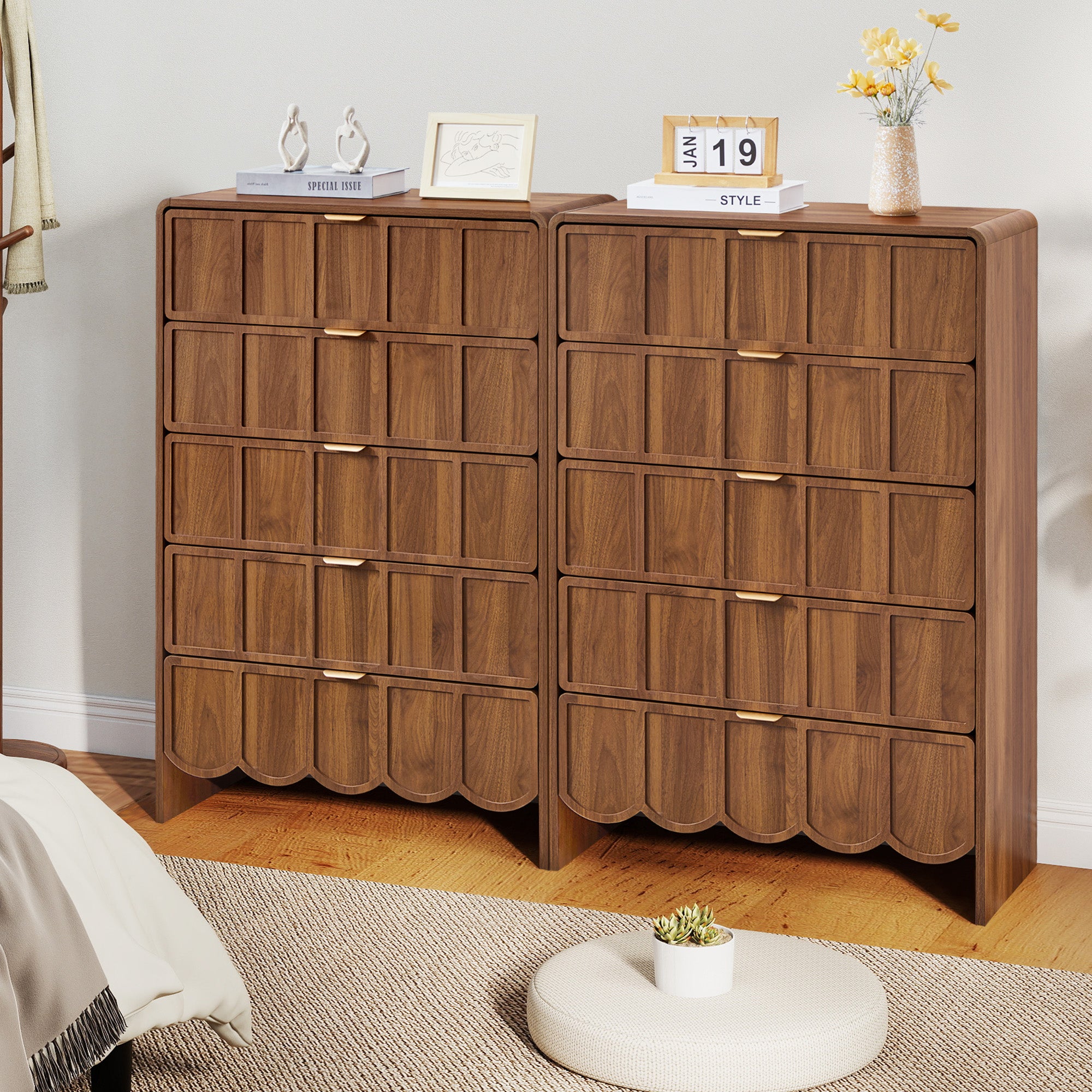 YOCWO 5 Drawer Dresser with Wave Panel, Mid Century Tall Storage Dresser Chest of Drawer for Bedroom