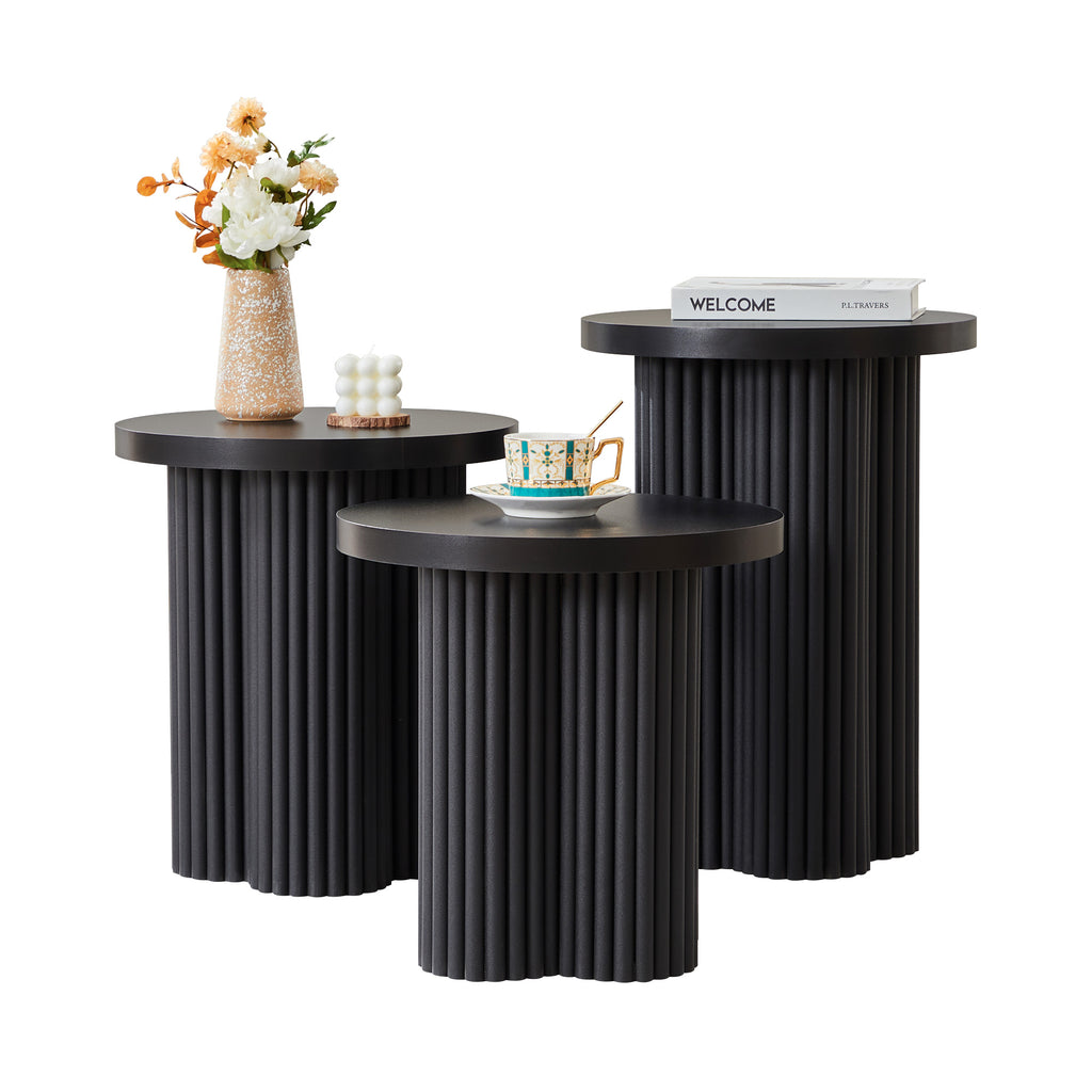 YOCWO 3 Pieces Round End Table with Fluted Plum Leg, Mid Century Modern Coffee Table Set of 3