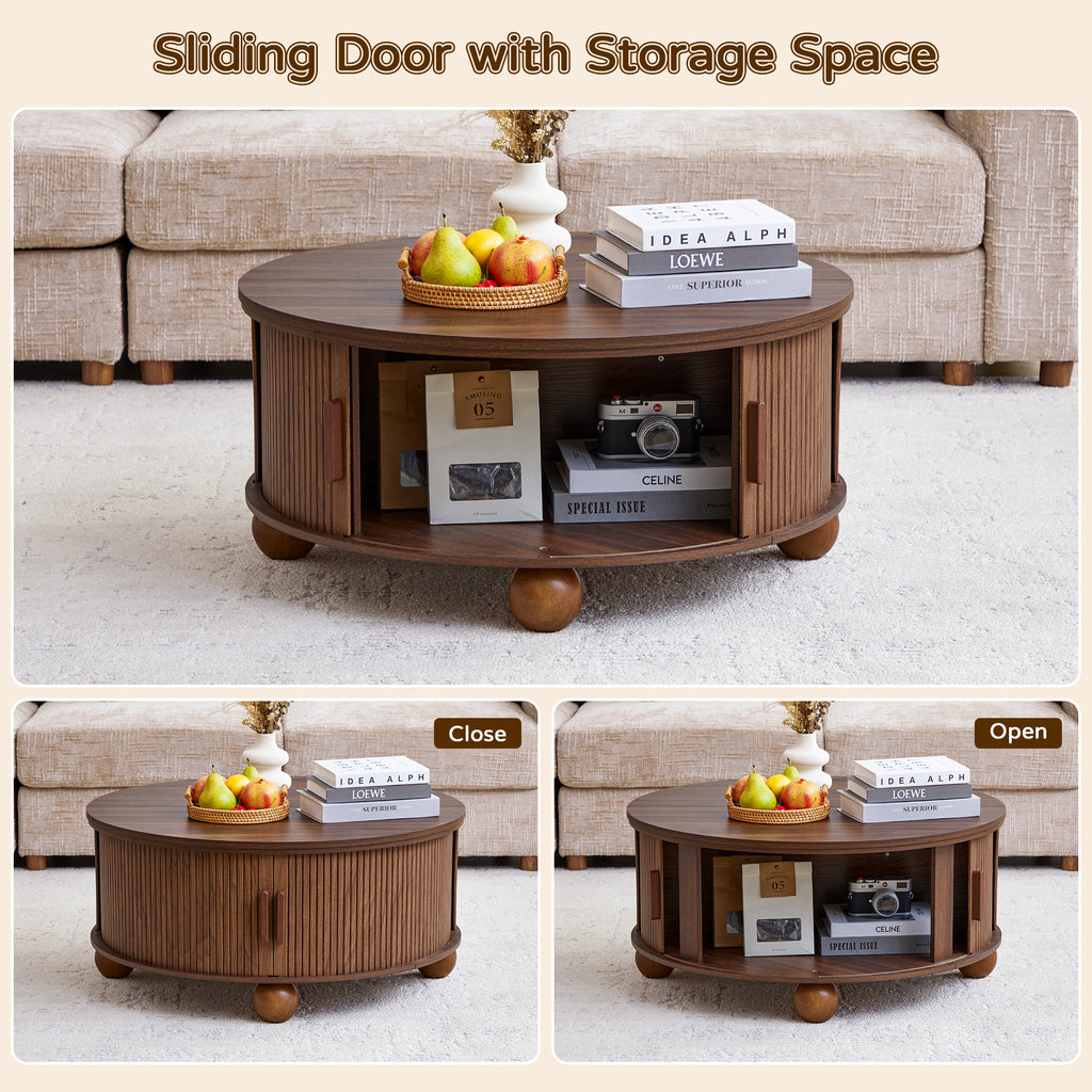 YOCWO Lift Top Coffee Table with Sliding Door and Round Leg, Fluted Round Coffee Table with Hidden Compartments Storage for Living Room