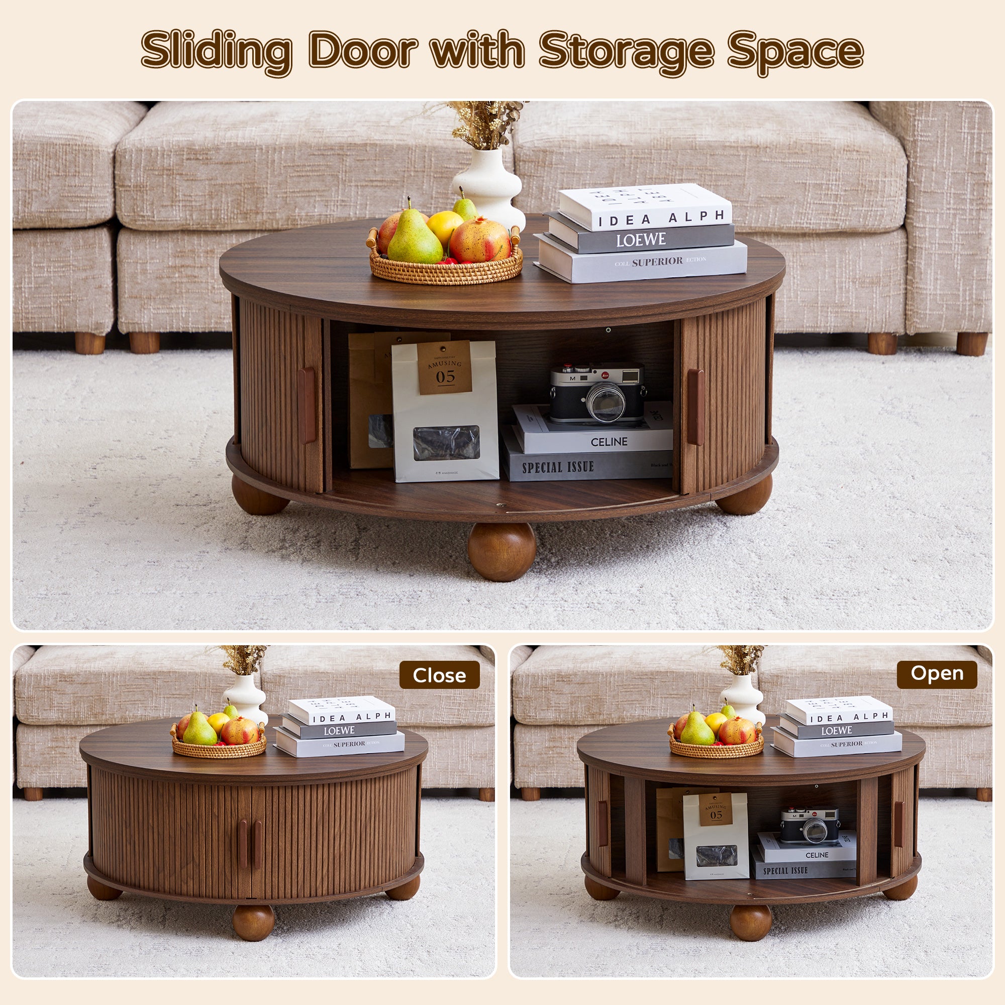 YOCWO Lift Top Coffee Table with Sliding Door and Round Leg, Fluted Round Coffee Table with Hidden Compartments Storage for Living Room