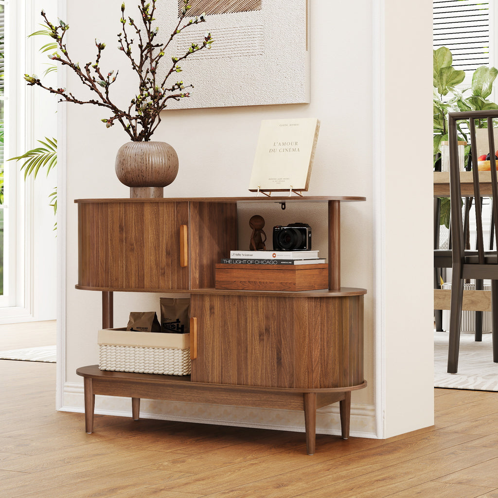 YOCWO 42.51" Oval Sideboard Buffet Cabinet with Tambour Sliding Door,Oval Curved Fluted Sideboard with Open Shelf, Buffet Storage Cabinet for Dining Room Living Room Entryway