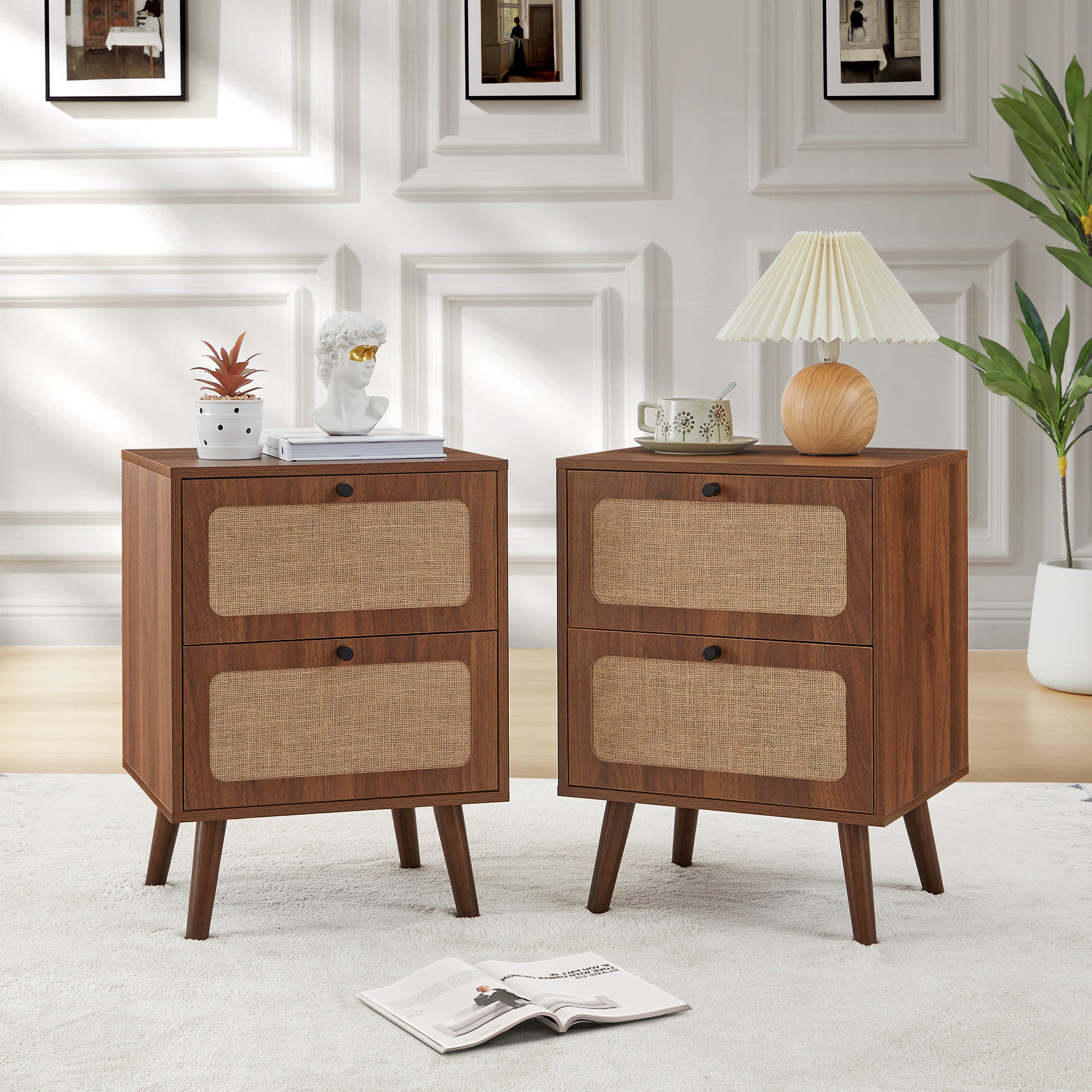 YOCWO Nightstand for Bedroom Set of 2 , Linen Bedside Table Set of 2 with Drawers
