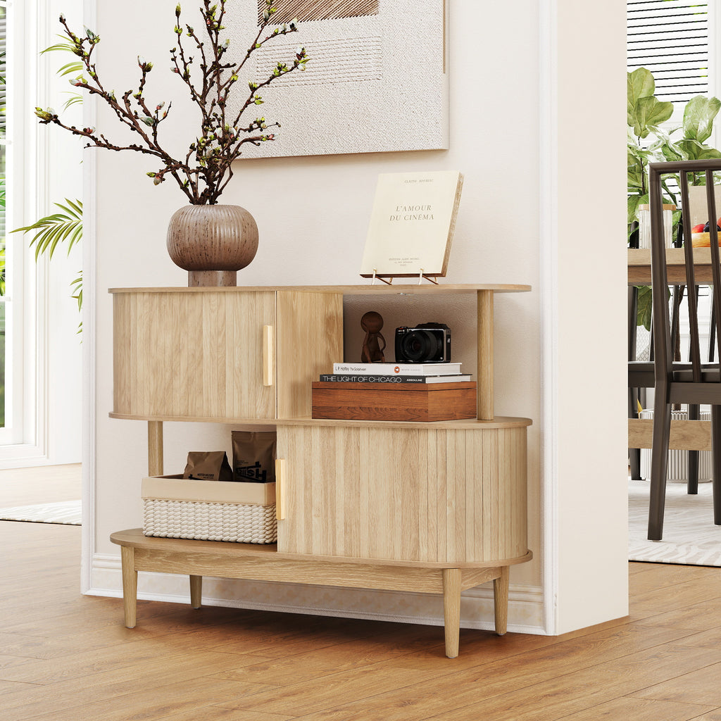 YOCWO 42.51" Oval Sideboard Buffet Cabinet with Tambour Sliding Door,Oval Curved Fluted Sideboard with Open Shelf, Buffet Storage Cabinet for Dining Room Living Room Entryway
