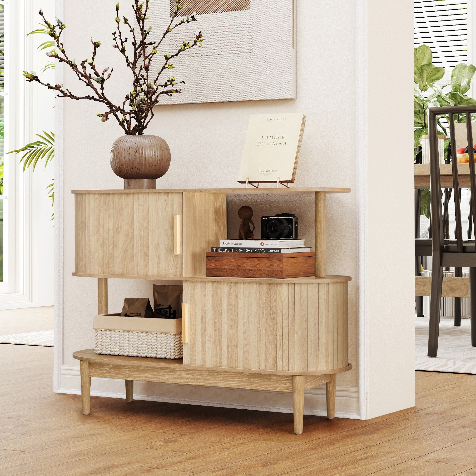 YOCWO 42.51" Oval Sideboard Buffet Cabinet with Tambour Sliding Door,Oval Curved Fluted Sideboard with Open Shelf, Buffet Storage Cabinet for Dining Room Living Room Entryway
