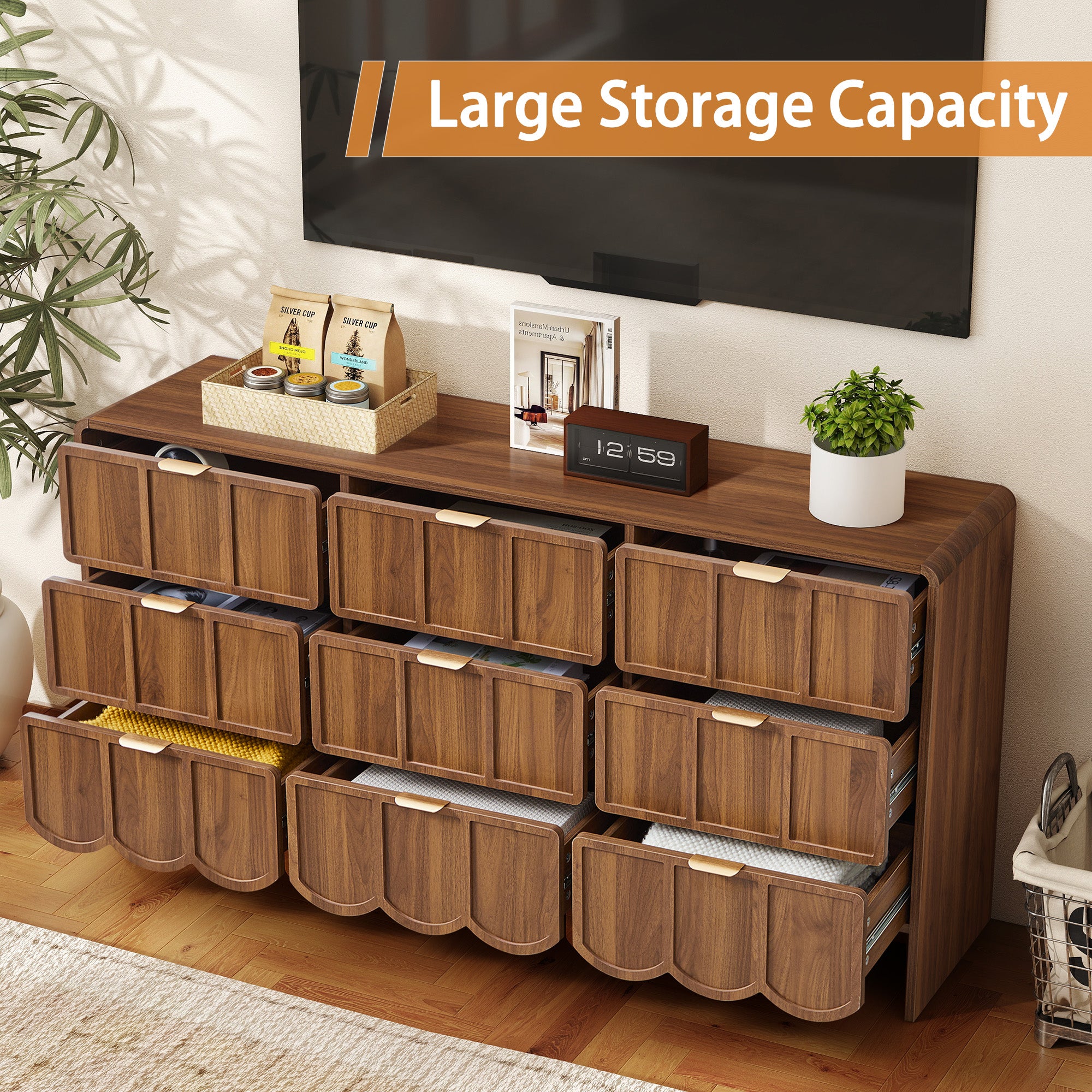 YOCWO 9 Drawer Dresser with Wave Panel, Mid Century Storage Dresser Chest of Drawer for Bedroom