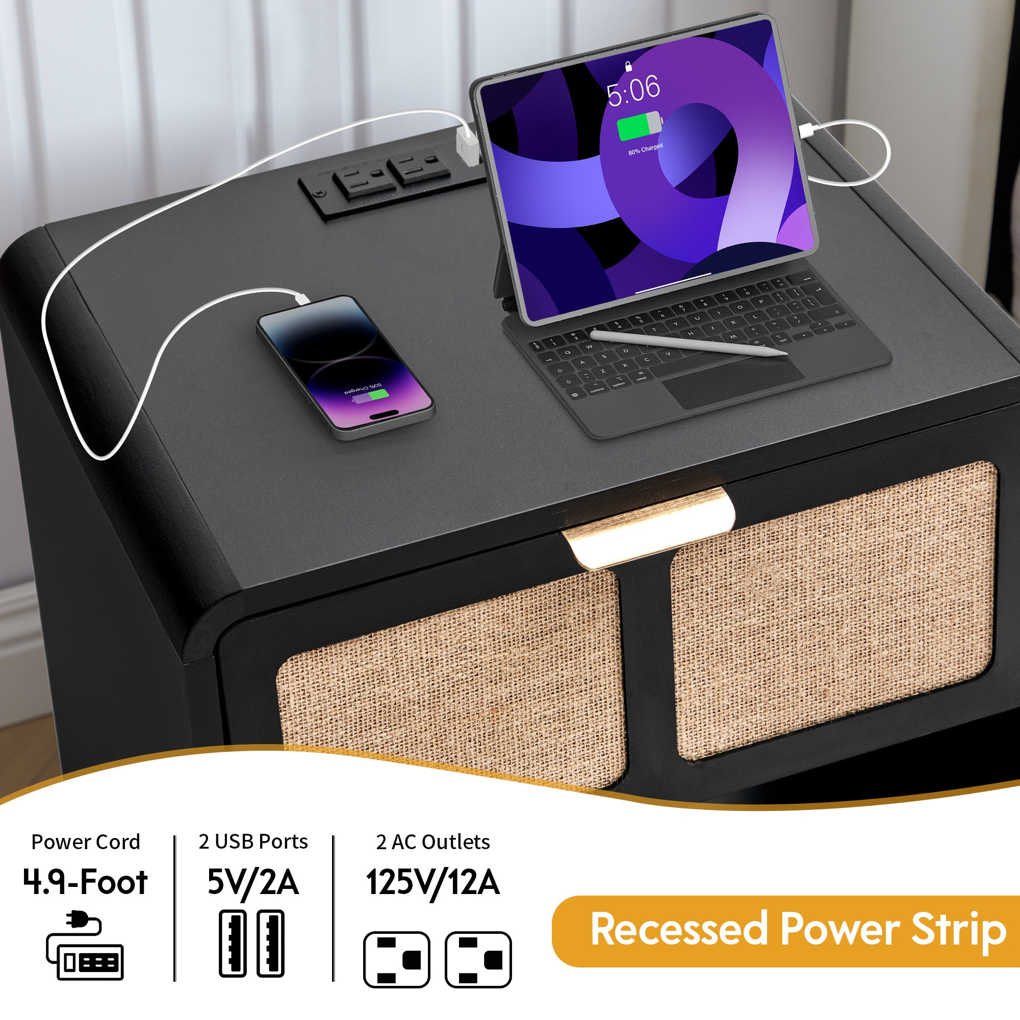 YOCWO Nightstand with Charging Station for Bedroom Set of 2 , Linen Bedside Table Set of 2 with Drawers