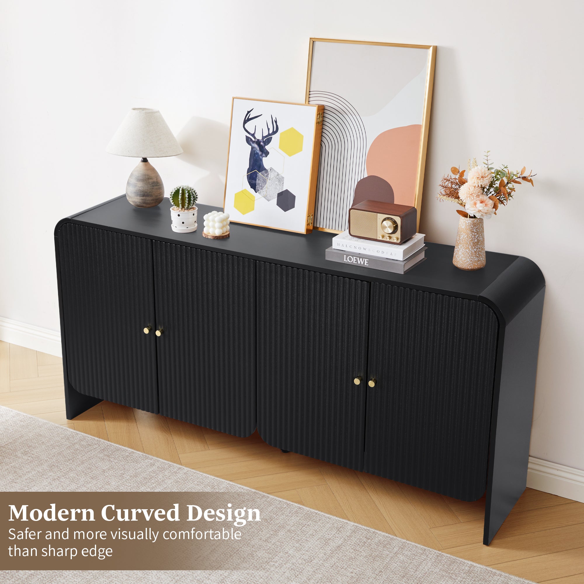 YOCWO Fluted Sideboard and Buffets, Buffet Storage Cabinet with 4 Doors and Adjustable Shelves, Accent Cabinet for Living Room Kitchen Entryway