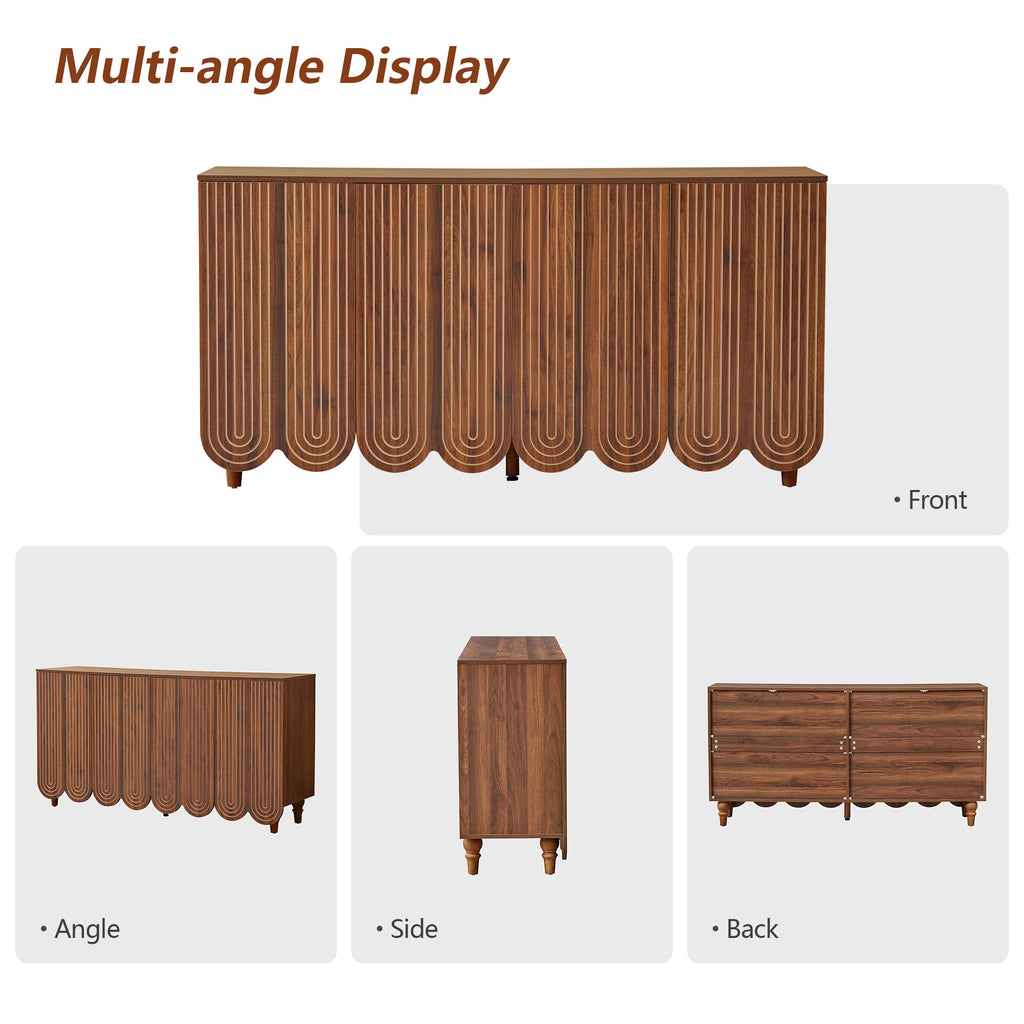 YOCWO Sideboard and Buffets with Wave Carved Line Design, Mid Century Buffet Storage Cabinet with 4 Doors and Adjustable Shelves, Accent Cabinet for Living Room Kitchen Entryway, Walnut