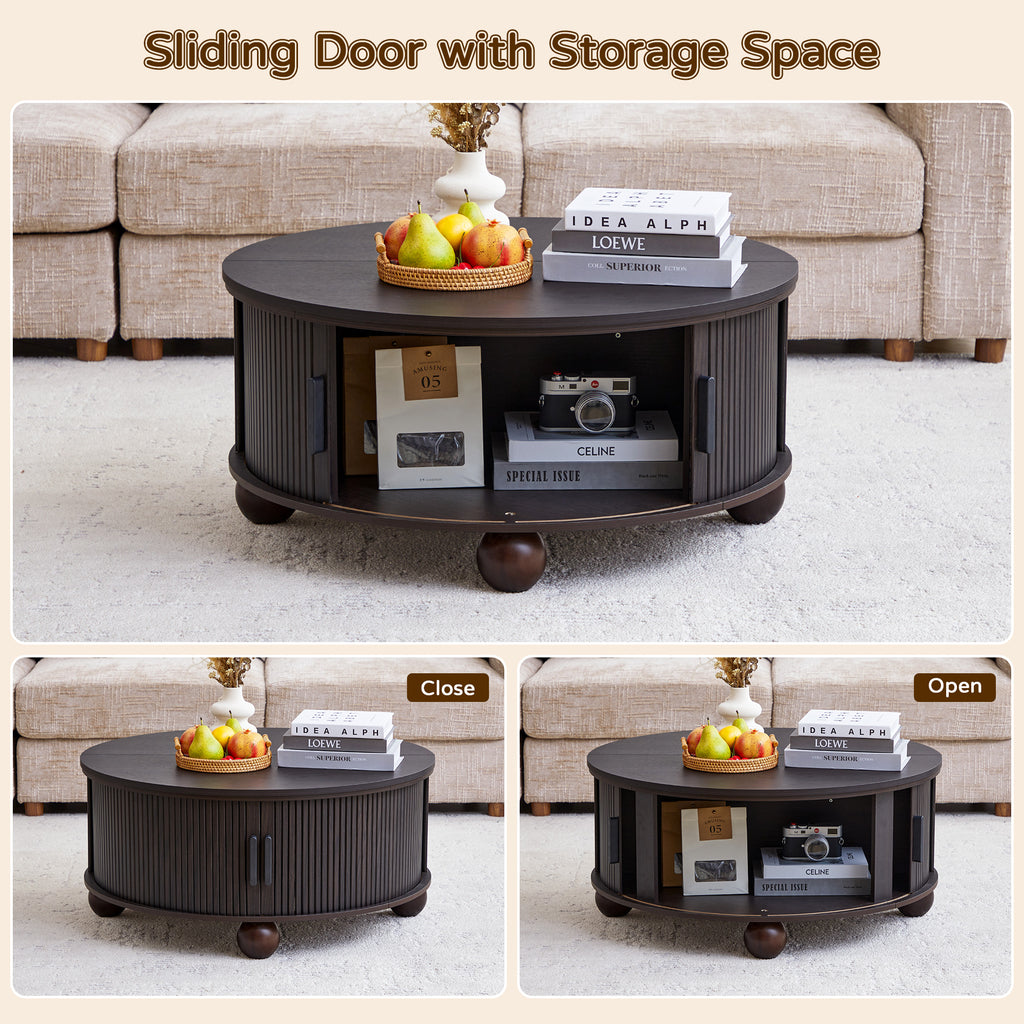 YOCWO Lift Top Coffee Table with Sliding Door and Round Leg, Fluted Round Coffee Table with Hidden Compartments Storage for Living Room