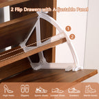 YOCWO Fluted Shoe Storage Cabinet with 2 Flip Drawers, Mid Century Wood Shoe Rack Organizer with Open Shelf, Freestanding Narrow Shoe Cabinet for Entryway Hallway