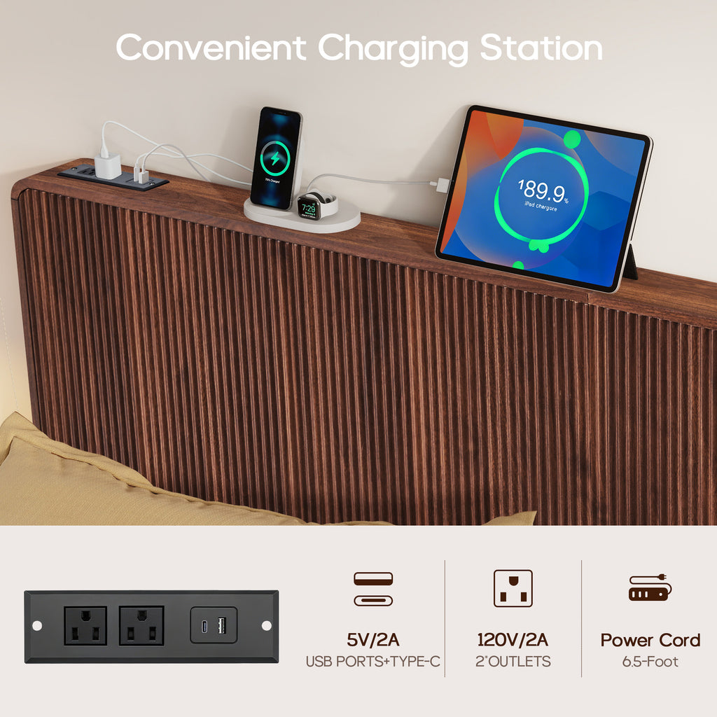 YOCWO Headboard for King Size Bed with Charging Station, Fluted Grooved Panel Head Board with Rounded Corners, Walnut, Headboard Only(Bed Frame Not Included)