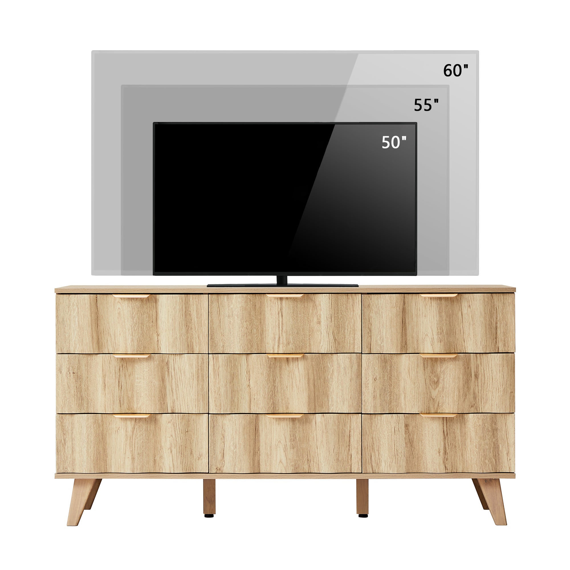 YOCWO 57" Wide 9 Drawer Dresser with Big Wave Pattern for Living Room Bedroom, Mid-Century Wood Large Chest of Drawer with Waveform Fluted Panel