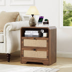 YOCWO Farmhouse Nightstand with Charging Station and Drawers for Bedroom, Linen Bedside Table with Drawers
