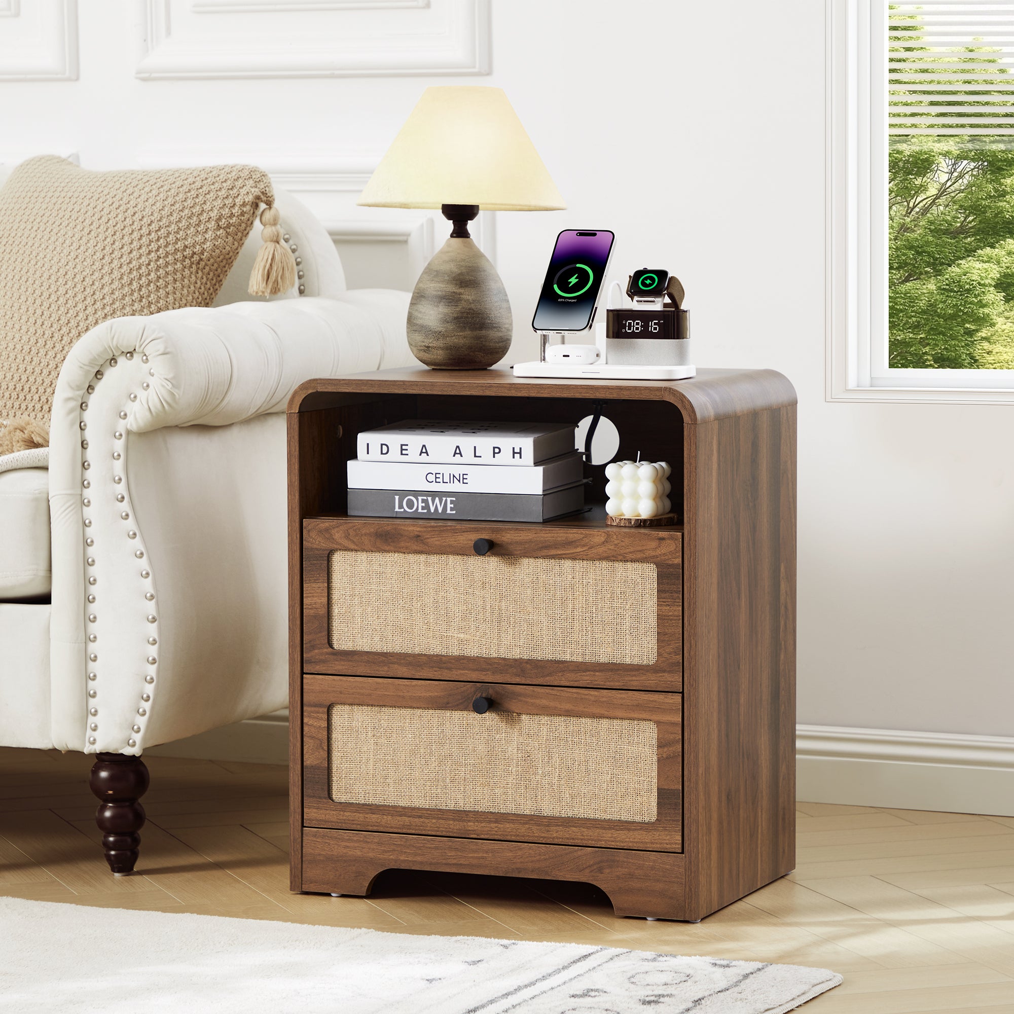 YOCWO Farmhouse Nightstand with Charging Station and Drawers for Bedroom, Linen Bedside Table with Drawers