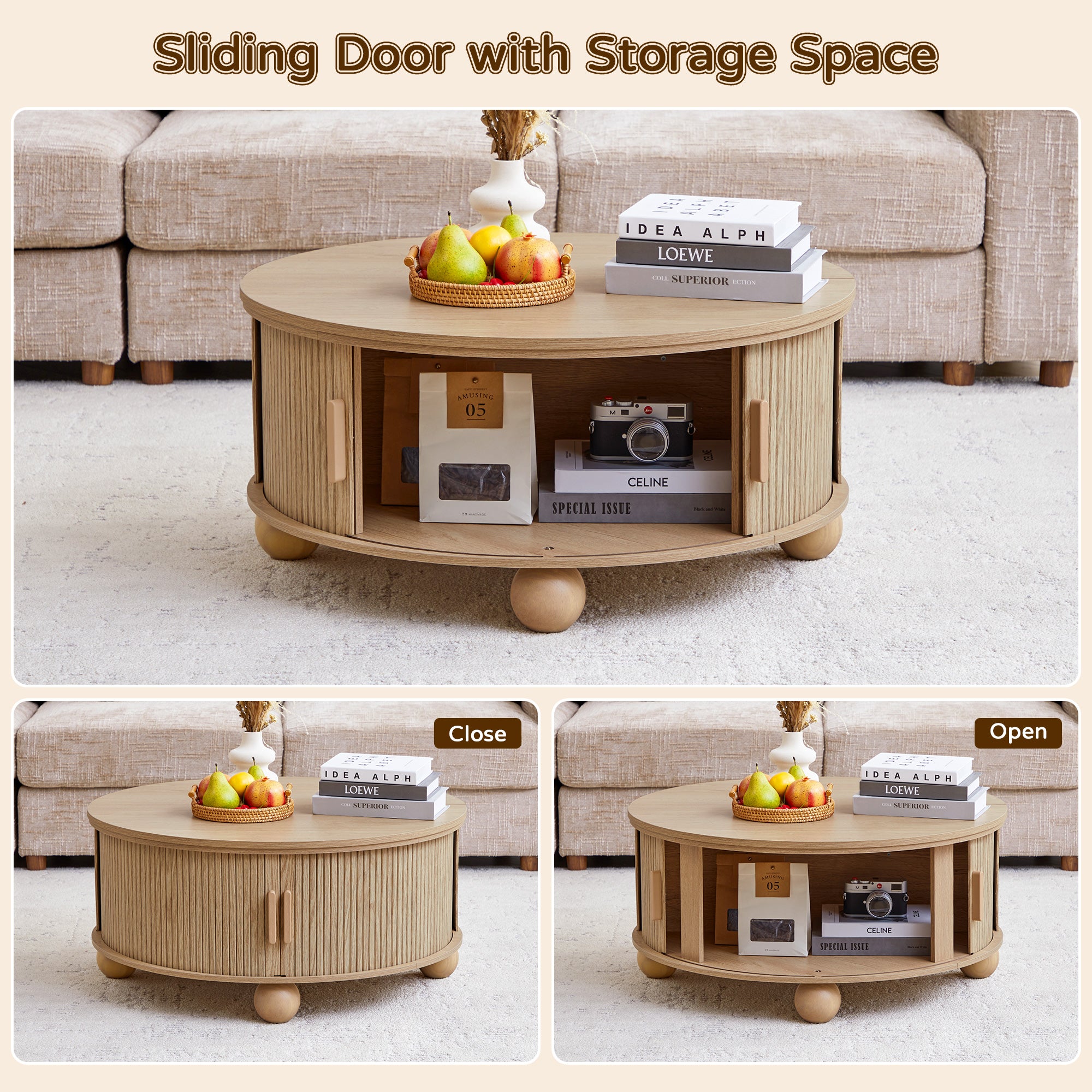 YOCWO Lift Top Coffee Table with Sliding Door and Round Leg, Fluted Round Coffee Table with Hidden Compartments Storage for Living Room