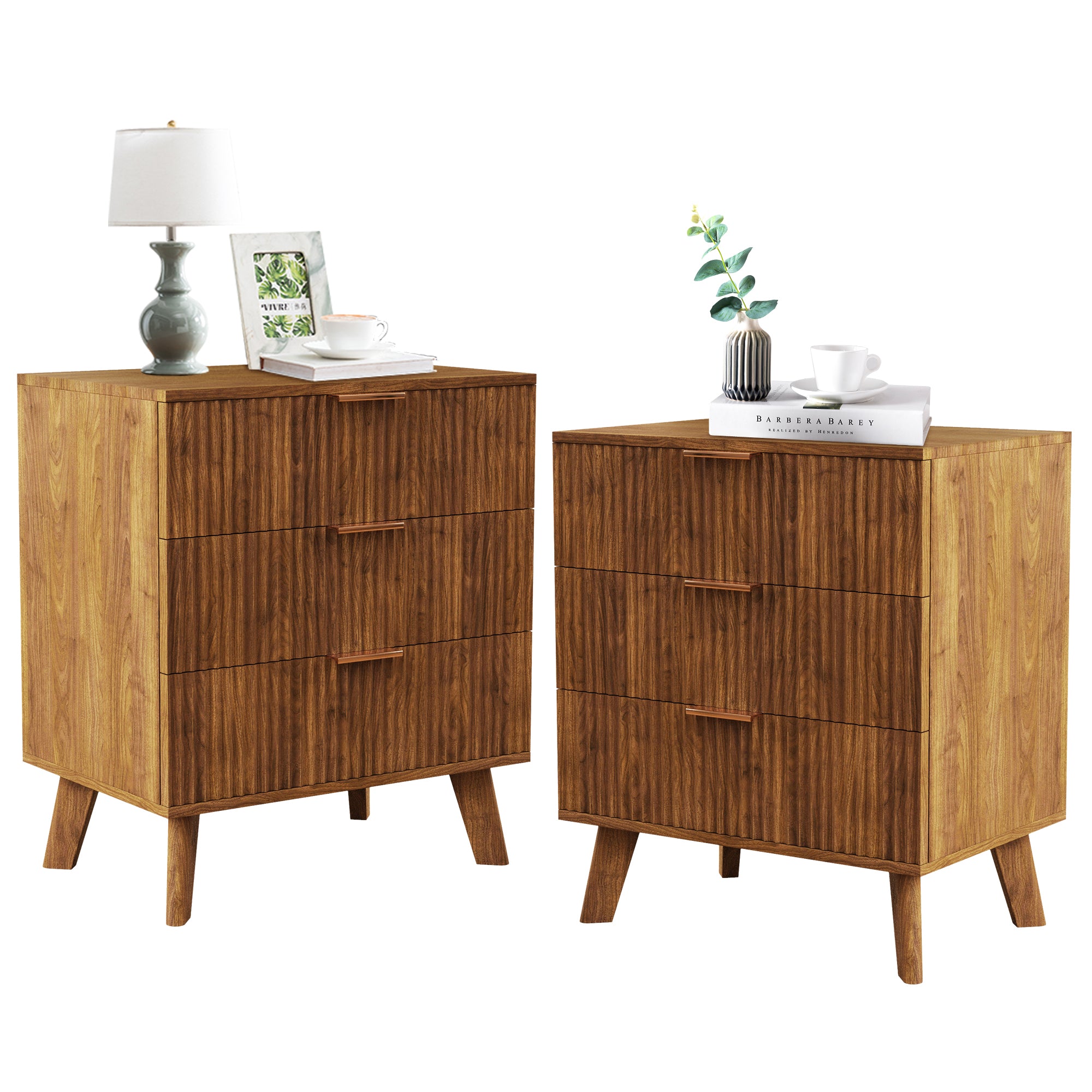 3 Drawer Fluted Nightstand, Wood Chest of Drawer for Bedroom