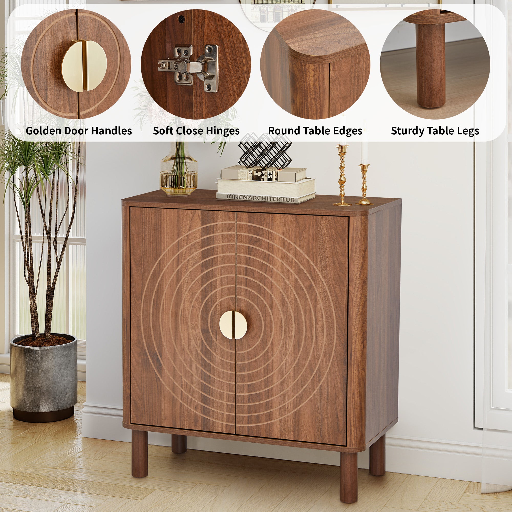 Accent Cabinet with Round Carved Line Door for Entryway Hallway, Natural Sideboard Buffet Cabinet, Storage Cabinet with Adjustable Shelves for Living Room