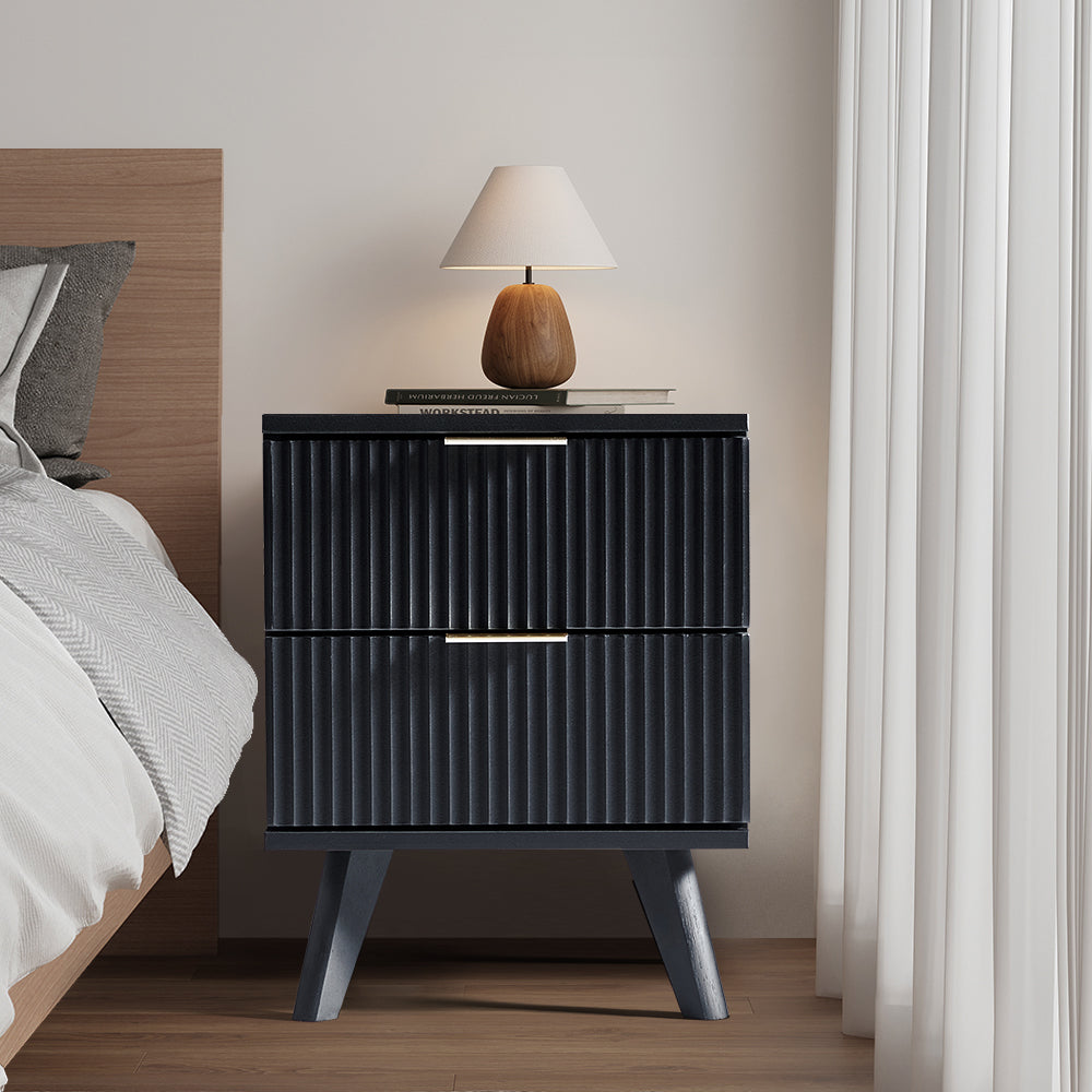 Fluted Nightstand for Bedroom Set of 2 , Wood Bedside Table Set of 2 with Drawers