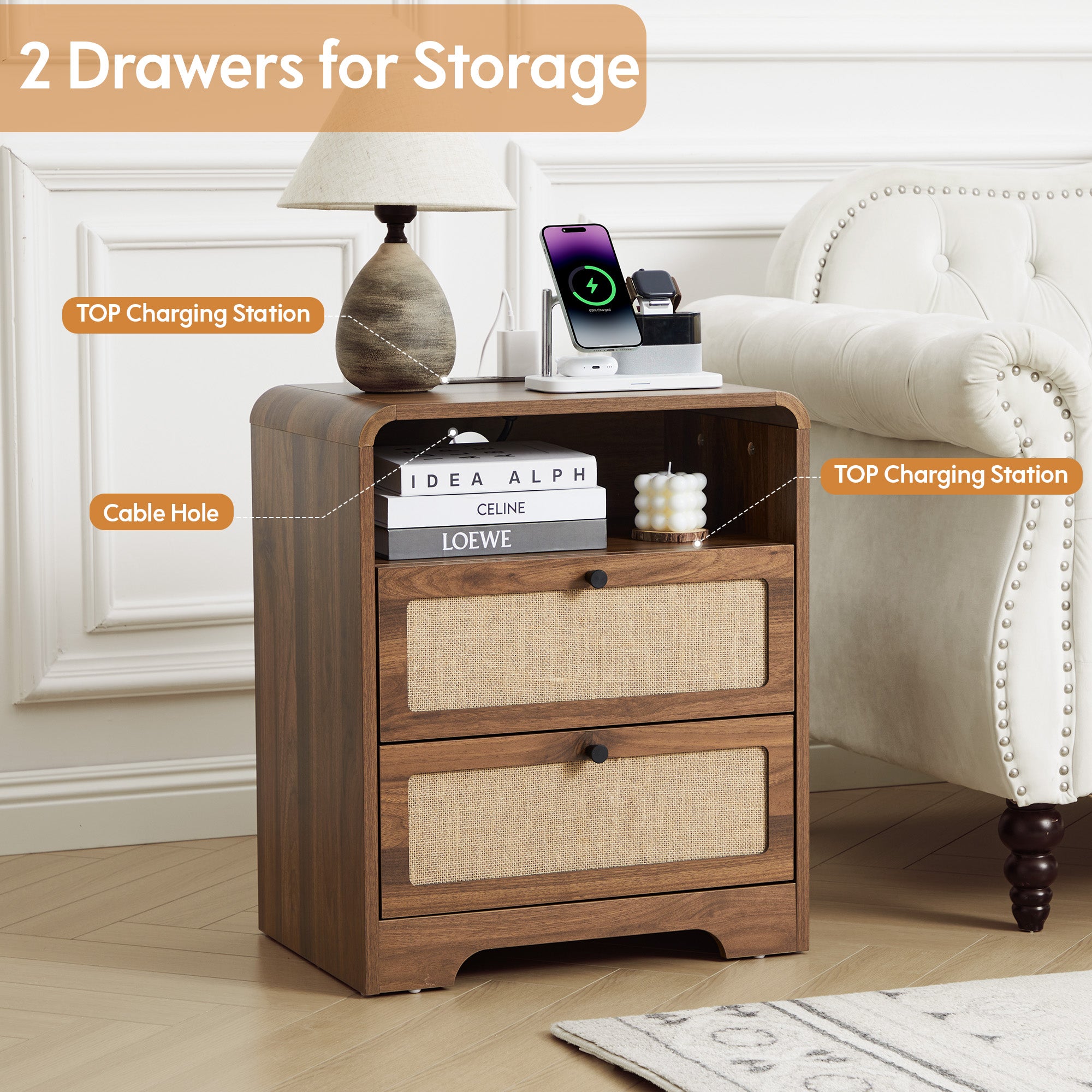 YOCWO Farmhouse Nightstand with Charging Station and Drawers for Bedroom, Linen Bedside Table with Drawers