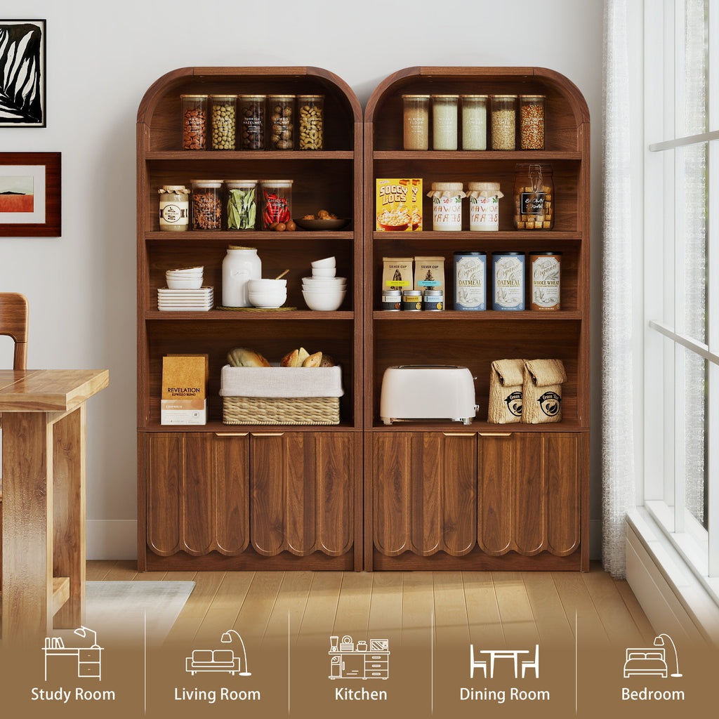 YOCWO 70" Tall Arched Bookcases with 2 Doors & 4 Shelves, Wooden Bookshelf with Wave Panel and Curved Top for Living Room Office