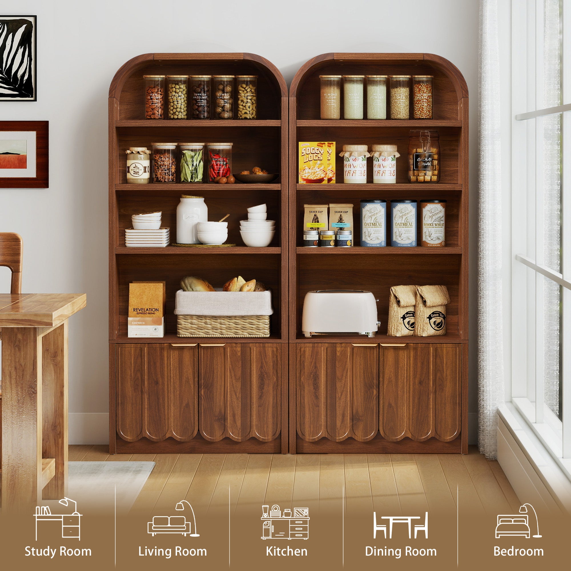 YOCWO 70" Tall Arched Bookcases with 2 Doors & 4 Shelves, Wooden Bookshelf with Wave Panel and Curved Top for Living Room Office