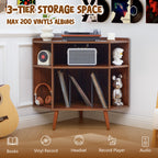 YOCWO Triangle Record Player Stand with Charging Station, Turntable Stand Table Holds Max 200 Albums, Corner Vinyl Record Storage Cabinet with Wood Legs for Living Room Bedroom Office
