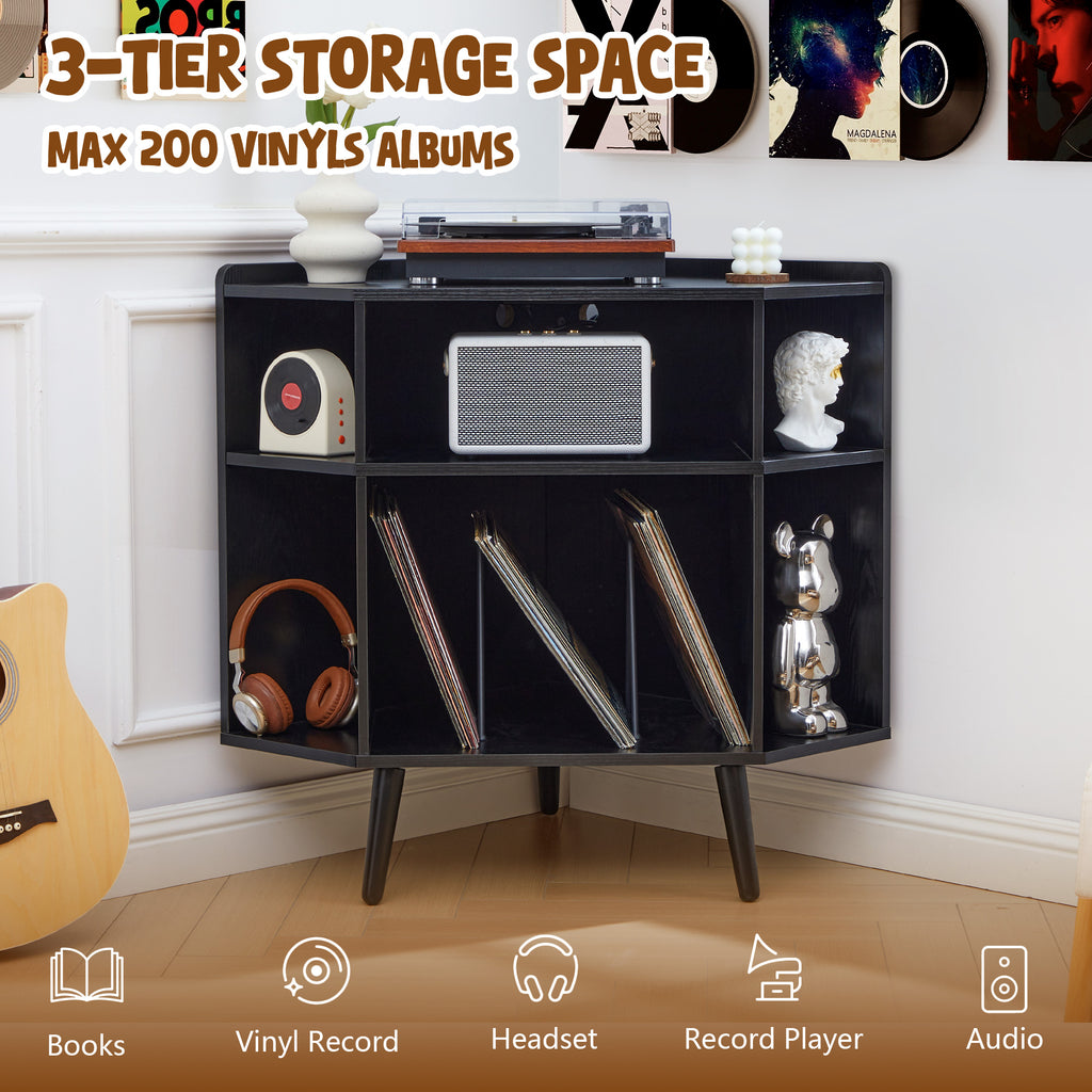 YOCWO Triangle Record Player Stand with Charging Station, Turntable Stand Table Holds Max 200 Albums, Corner Vinyl Record Storage Cabinet with Wood Legs for Living Room Bedroom Office