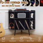 YOCWO Triangle Record Player Stand with Charging Station, Turntable Stand Table Holds Max 200 Albums, Corner Vinyl Record Storage Cabinet with Wood Legs for Living Room Bedroom Office