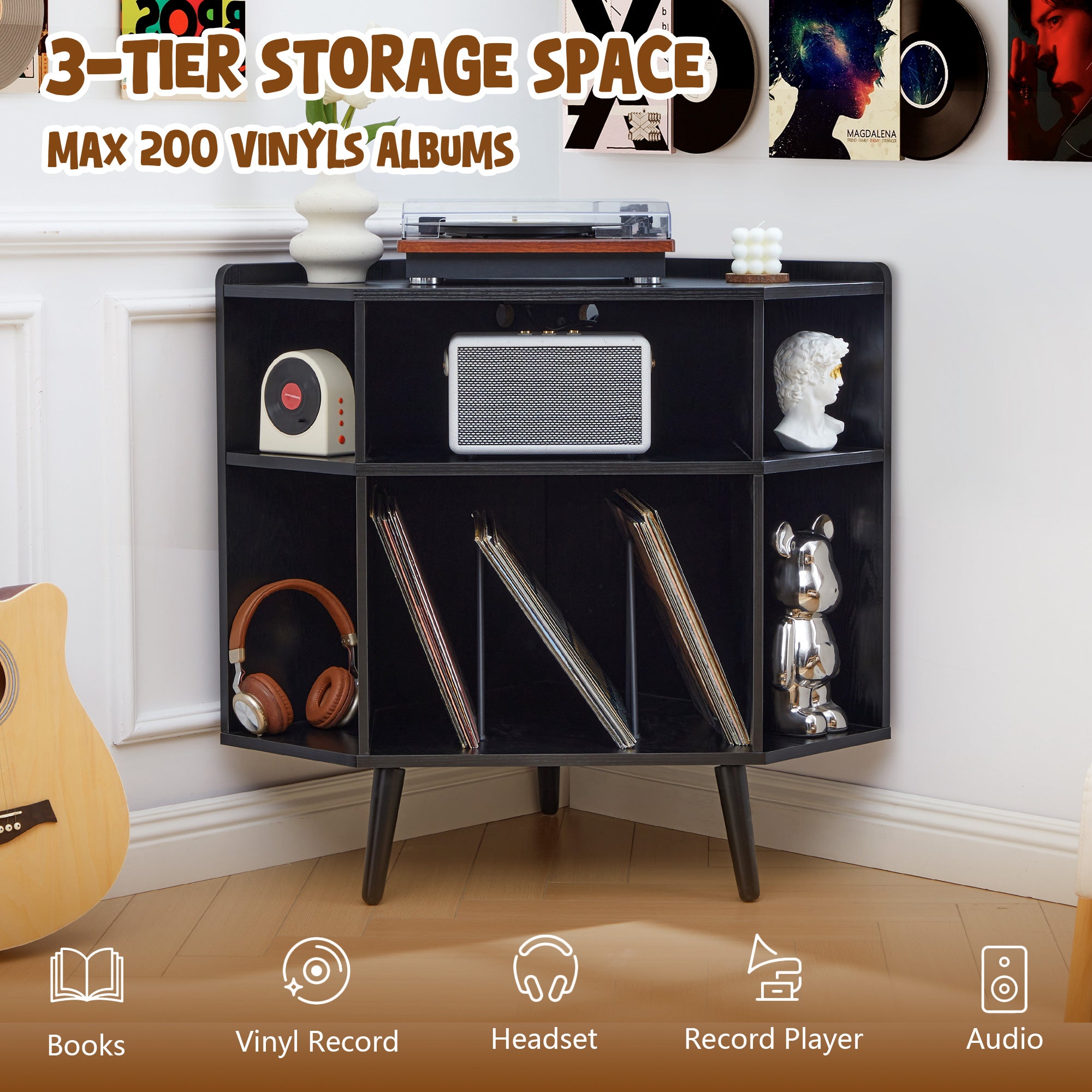 YOCWO Triangle Record Player Stand with Charging Station, Turntable Stand Table Holds Max 200 Albums, Corner Vinyl Record Storage Cabinet with Wood Legs for Living Room Bedroom Office