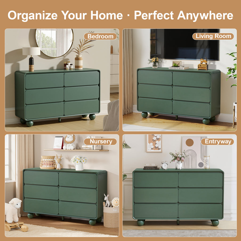 YOCWO 6 Drawer Dresser for Bedroom, Mid Century Chest of Drawers with Arc Edge and Round Leg, Wood Storage Large Dresser Organizer for Bedroom Living Room Hallway Closet