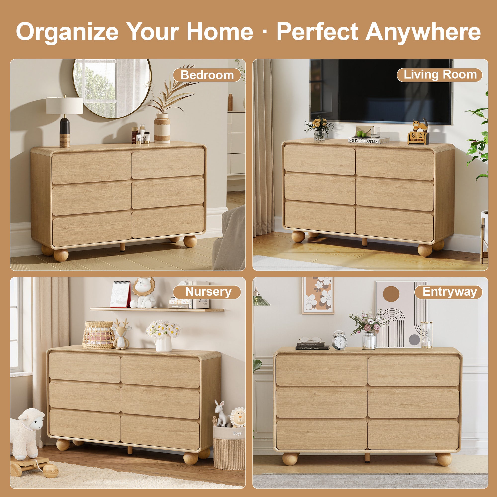 YOCWO 6 Drawer Dresser for Bedroom, Mid Century Chest of Drawers with Arc Edge and Round Leg, Wood Storage Large Dresser Organizer for Bedroom Living Room Hallway Closet