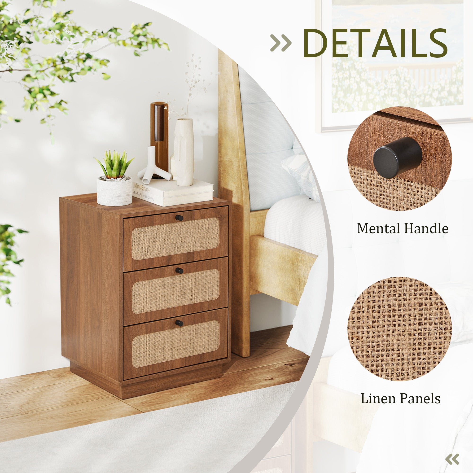 YOCWO 3 Drawer Dresser for Bedroom Set of 2 , Linen Nightstand Chest of Drawer