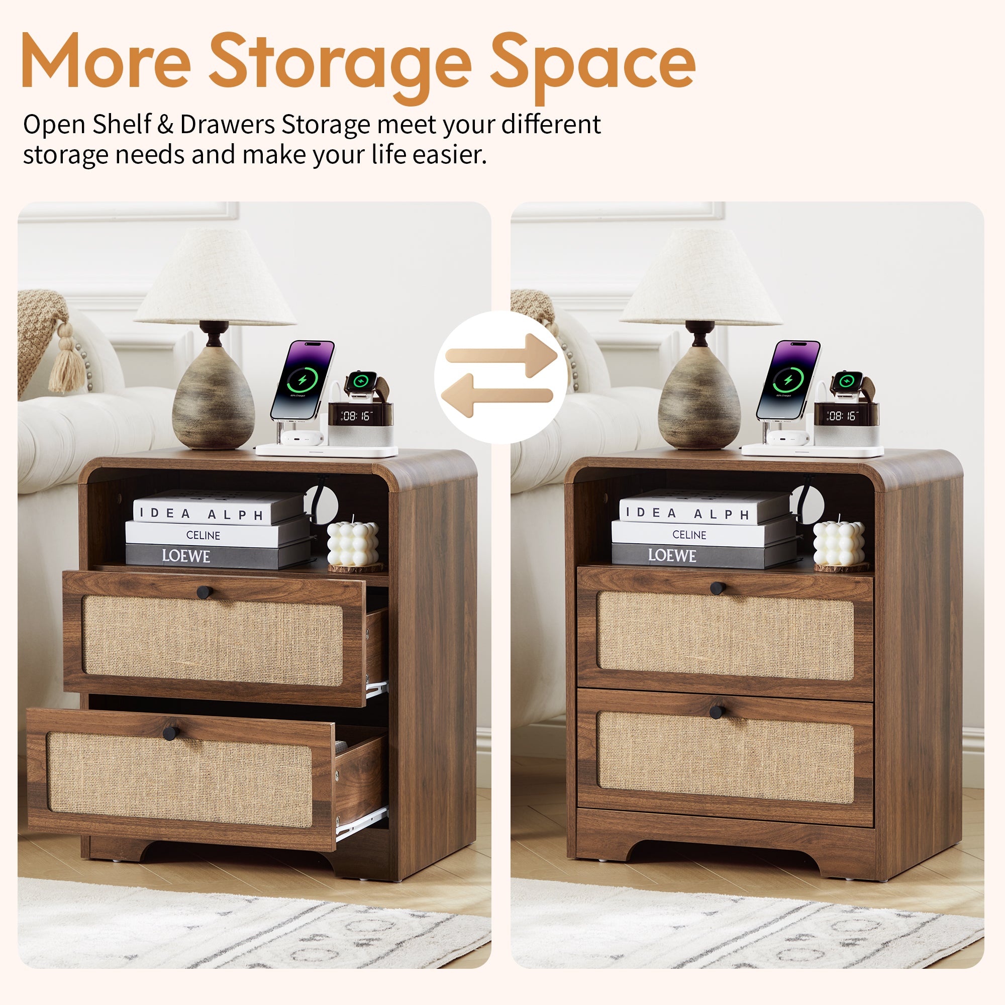 YOCWO Farmhouse Nightstand with Charging Station and Drawers for Bedroom, Linen Bedside Table with Drawers