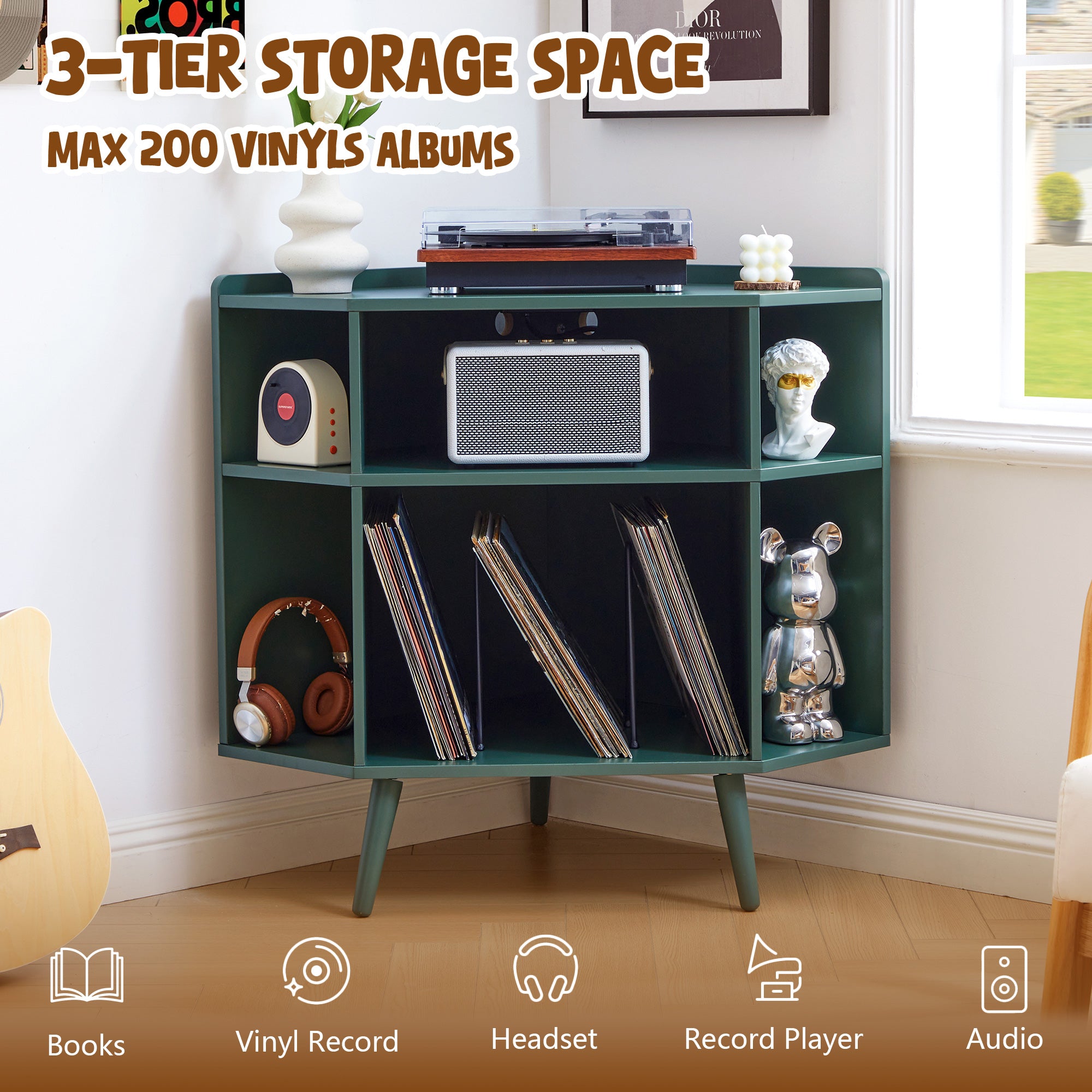 YOCWO Triangle Record Player Stand with Charging Station, Turntable Stand Table Holds Max 200 Albums, Corner Vinyl Record Storage Cabinet with Wood Legs for Living Room Bedroom Office
