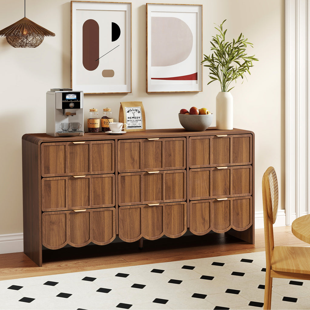 YOCWO 9 Drawer Dresser with Wave Panel, Mid Century Storage Dresser Chest of Drawer for Bedroom