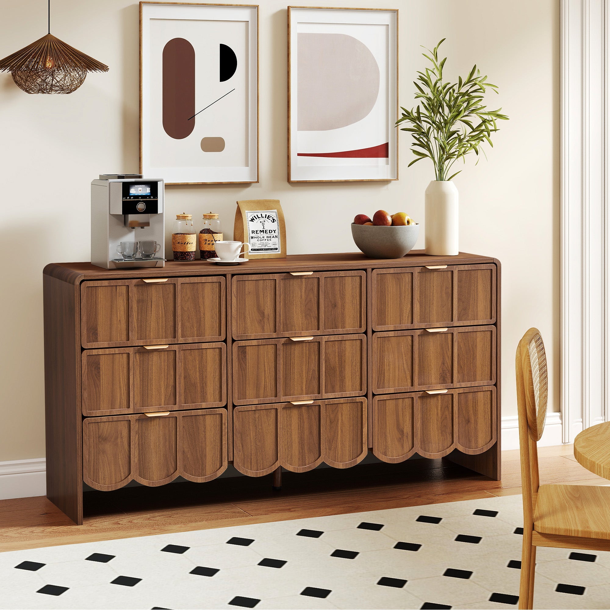 YOCWO 9 Drawer Dresser with Wave Panel, Mid Century Storage Dresser Chest of Drawer for Bedroom