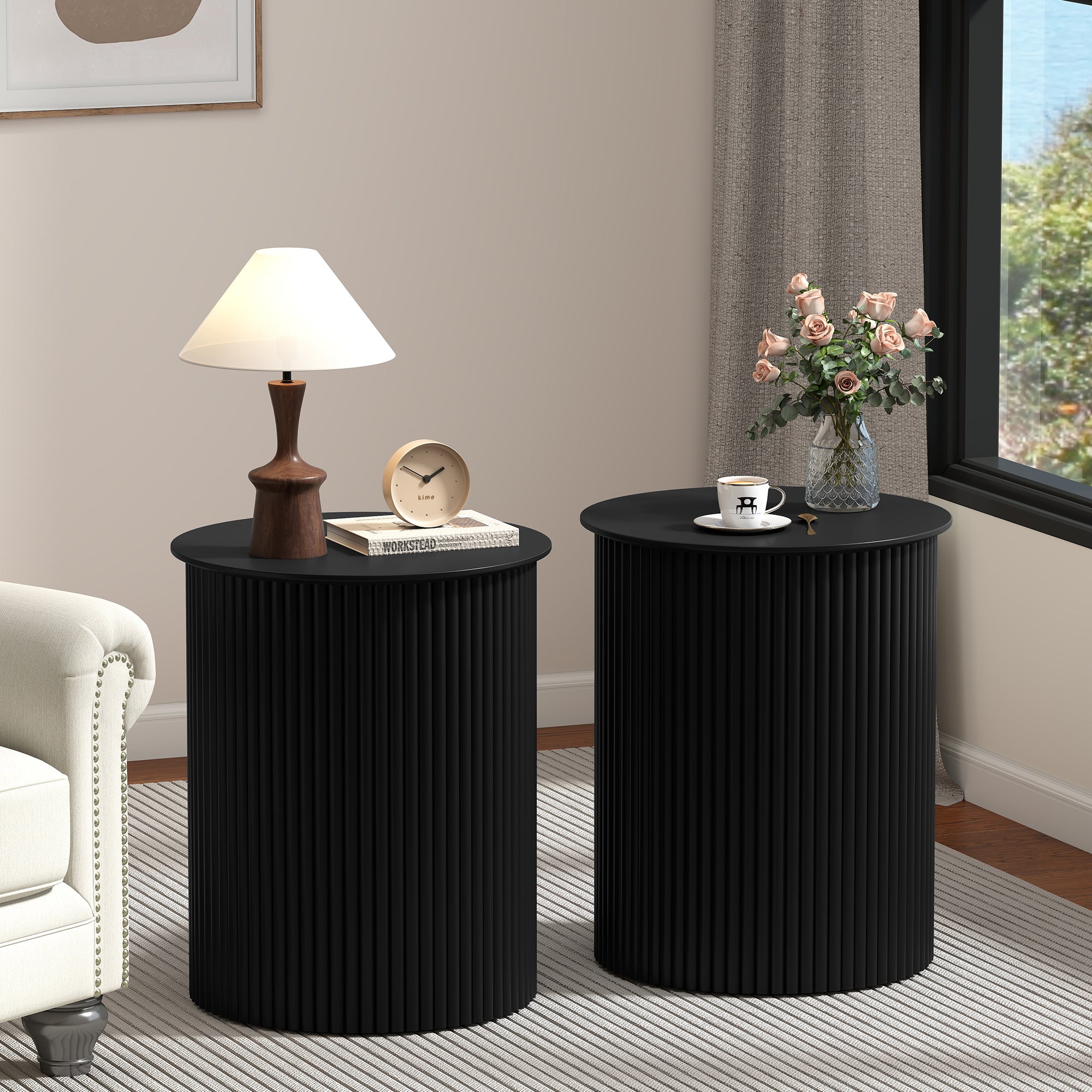 Small Round End table for Living Room with fluted Design, Circle Bedside Table for Bedroom