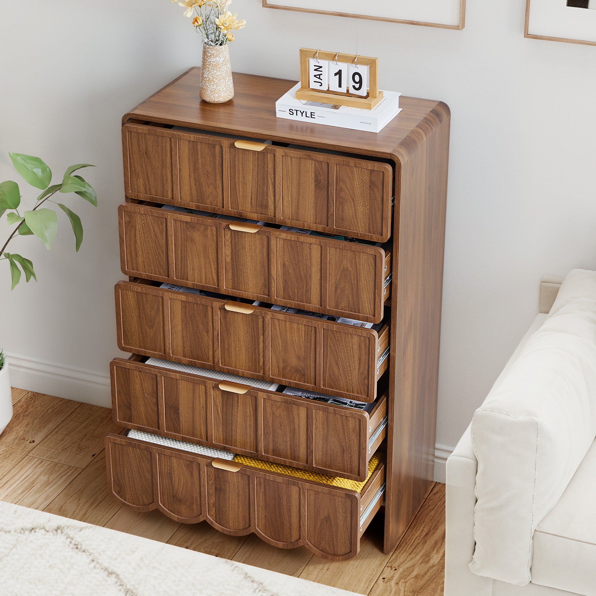 YOCWO 5 Drawer Dresser Set of 2 with Wave Panel, Mid Century Tall Storage Dresser Chest of Drawer for Bedroom