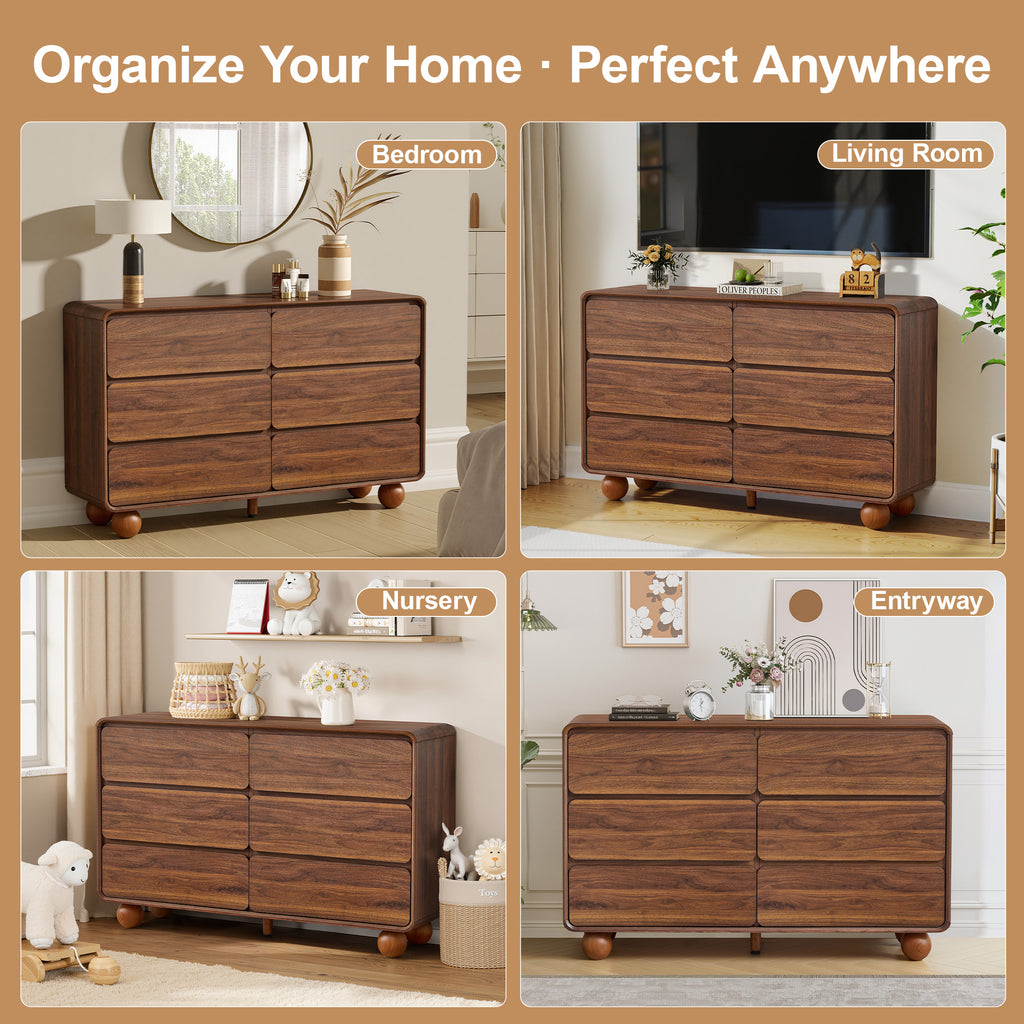 YOCWO 6 Drawer Dresser for Bedroom, Mid Century Chest of Drawers with Arc Edge and Round Leg, Wood Storage Large Dresser Organizer for Bedroom Living Room Hallway Closet