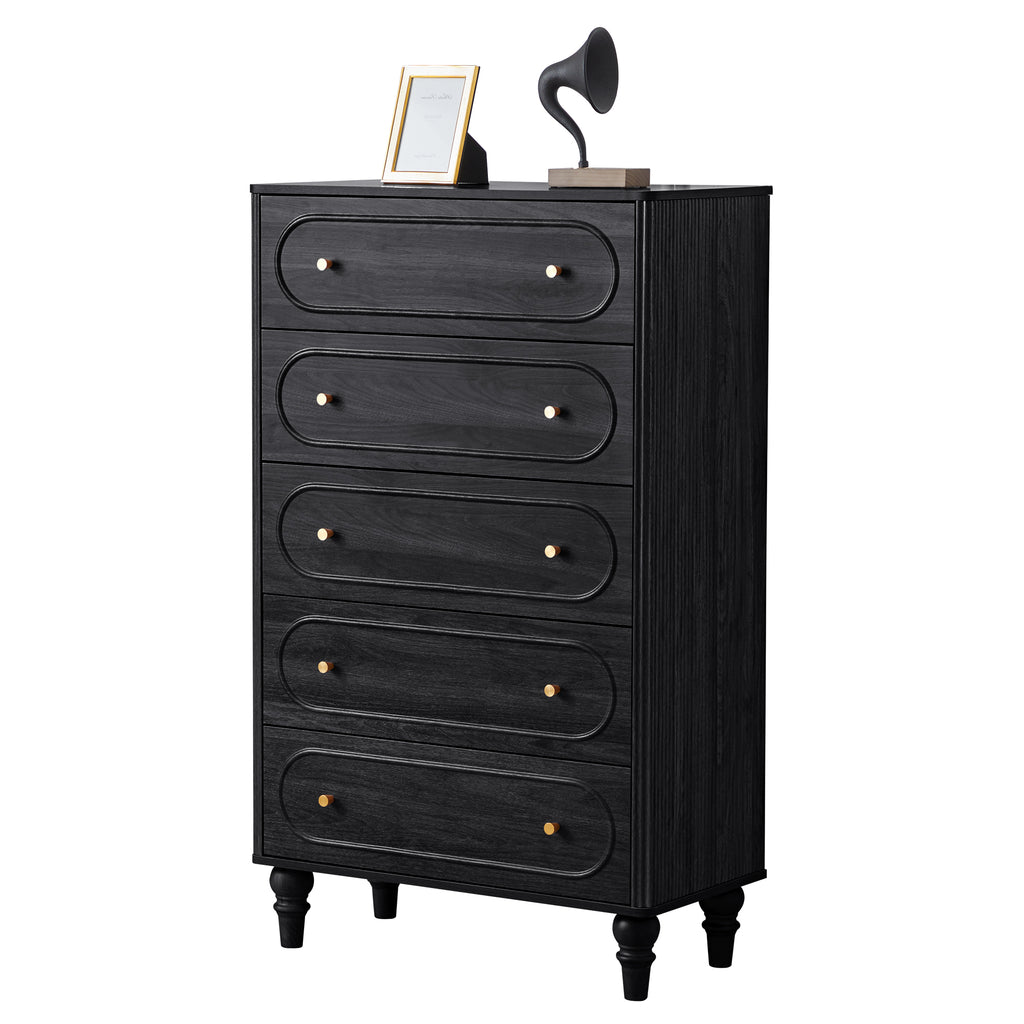 YOCWO 5 Drawer Fluted Dresser for Bedroom, Mid Century Chest of Drawers with Arc Edge, Wood Storage Large Tall Dresser Organizer for Bedroom Living Room Hallway Closet