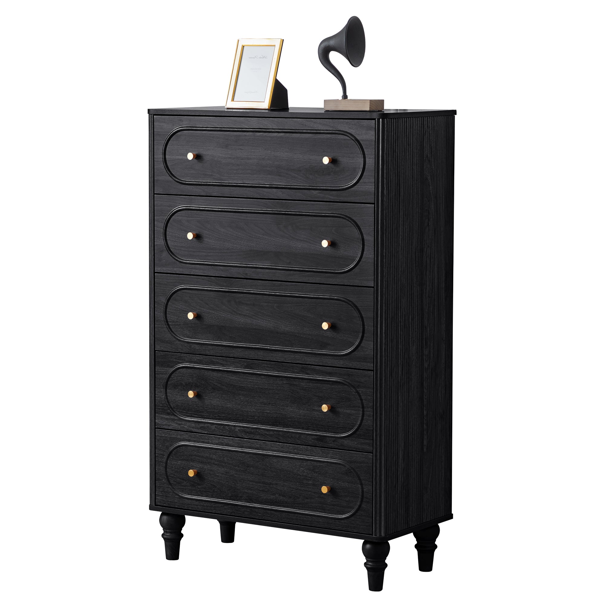 YOCWO 5 Drawer Fluted Dresser for Bedroom, Mid Century Chest of Drawers with Arc Edge, Wood Storage Large Tall Dresser Organizer for Bedroom Living Room Hallway Closet