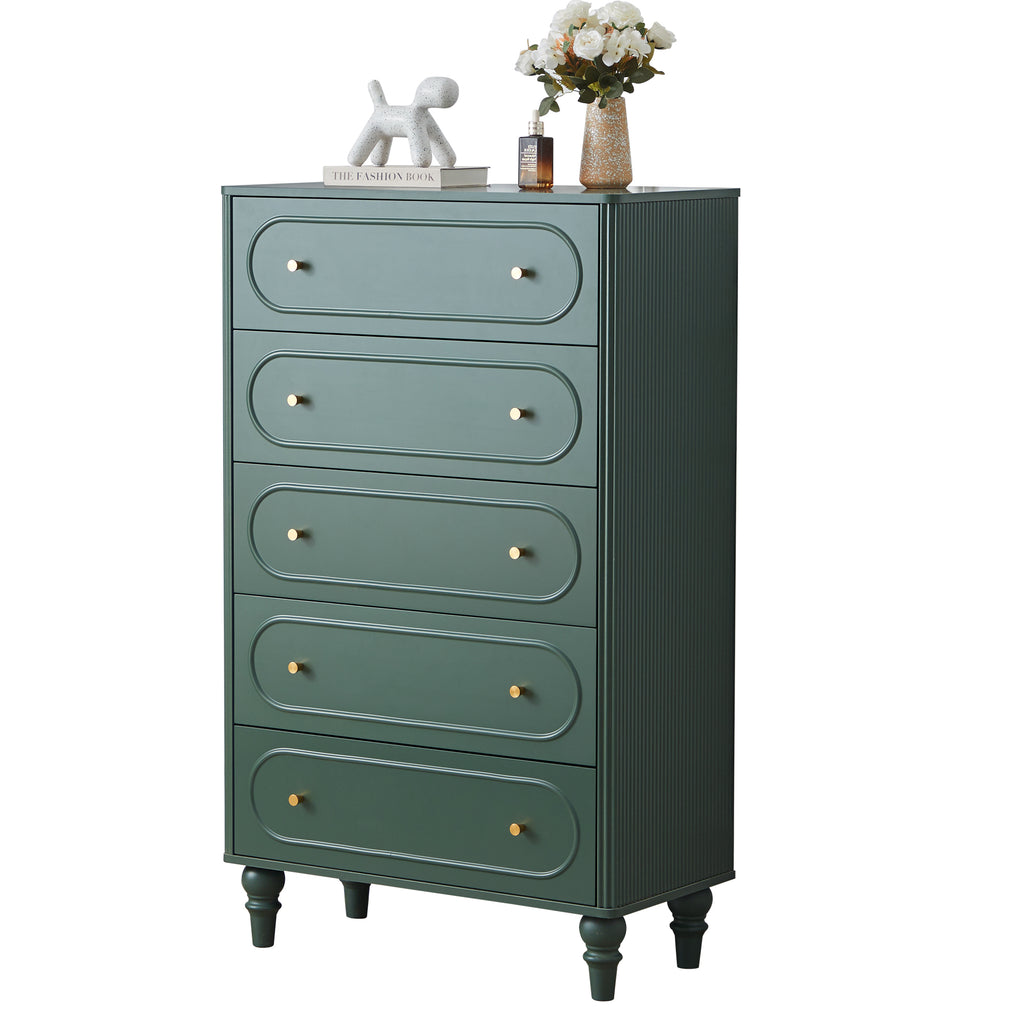 YOCWO 5 Drawer Fluted Dresser for Bedroom, Mid Century Chest of Drawers with Arc Edge, Wood Storage Large Tall Dresser Organizer for Bedroom Living Room Hallway Closet