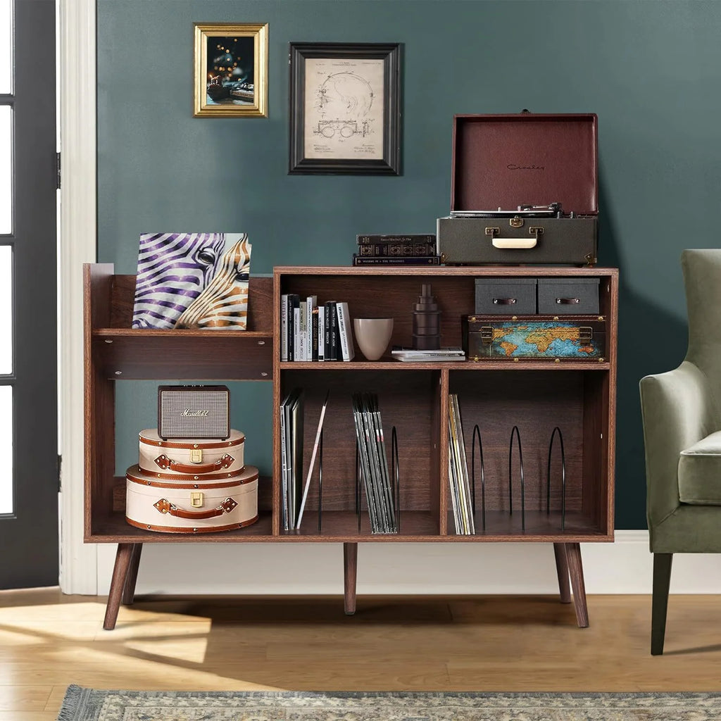 YOCWO Large Record Player Stand, Mid Century Concord Turntable Stand Table Holds up to 350 Albums, Vinyl Record Storage Cabinet with Wood Legs for Living Room Bedroom Office