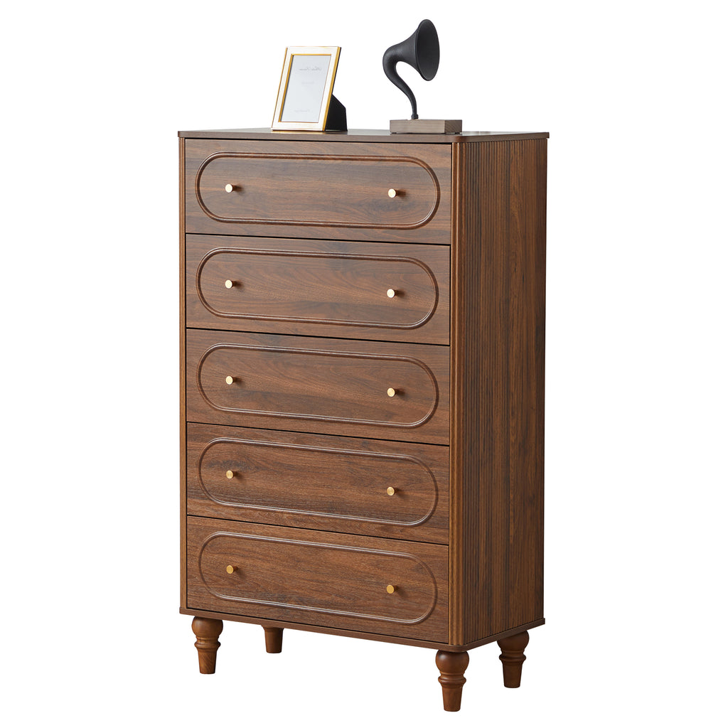 YOCWO 5 Drawer Fluted Dresser for Bedroom, Mid Century Chest of Drawers with Arc Edge, Wood Storage Large Tall Dresser Organizer for Bedroom Living Room Hallway Closet