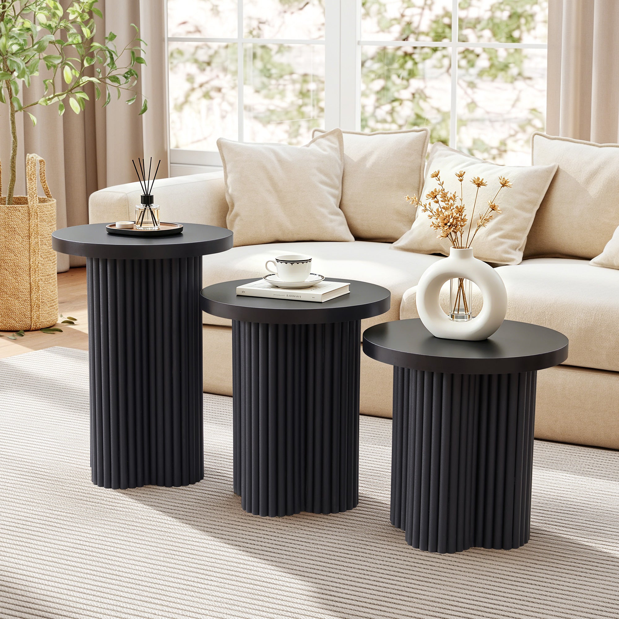 YOCWO 3 Pieces Round End Table with Fluted Plum Leg, Mid Century Modern Coffee Table Set of 3