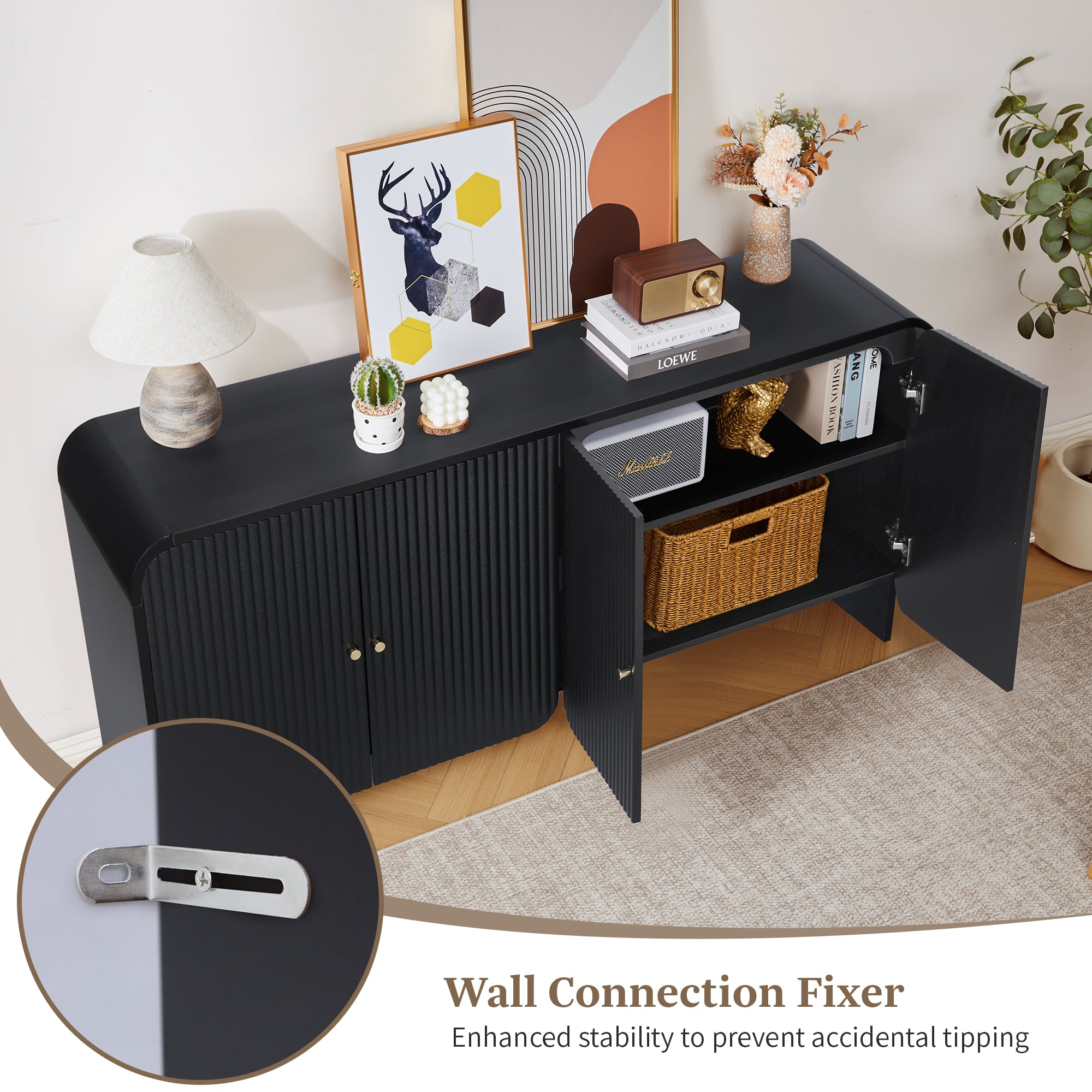 YOCWO Fluted Sideboard and Buffets, Buffet Storage Cabinet with 4 Doors and Adjustable Shelves, Accent Cabinet for Living Room Kitchen Entryway